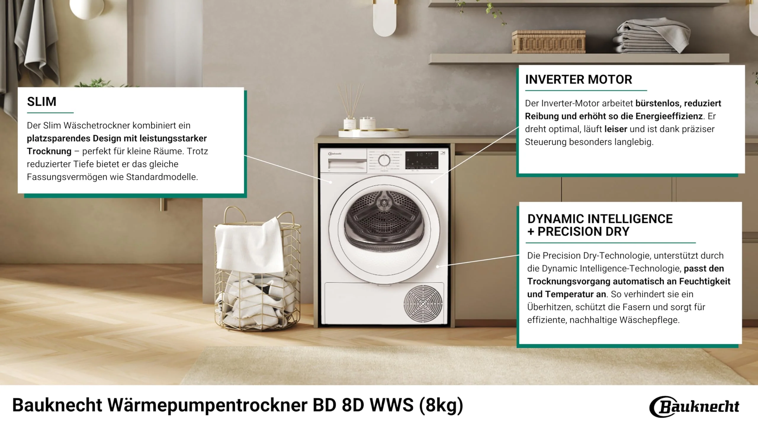 Sèche-linge à pompe à chaleur Bauknecht BD 8D WWS (2025) / 8 kg / Classe énergétique A++ / Precision Dry – séchage intelligent / Moteur Inverter / Ultra-compact (profondeur de seulement 46 cm) / Éclairage du tambour
