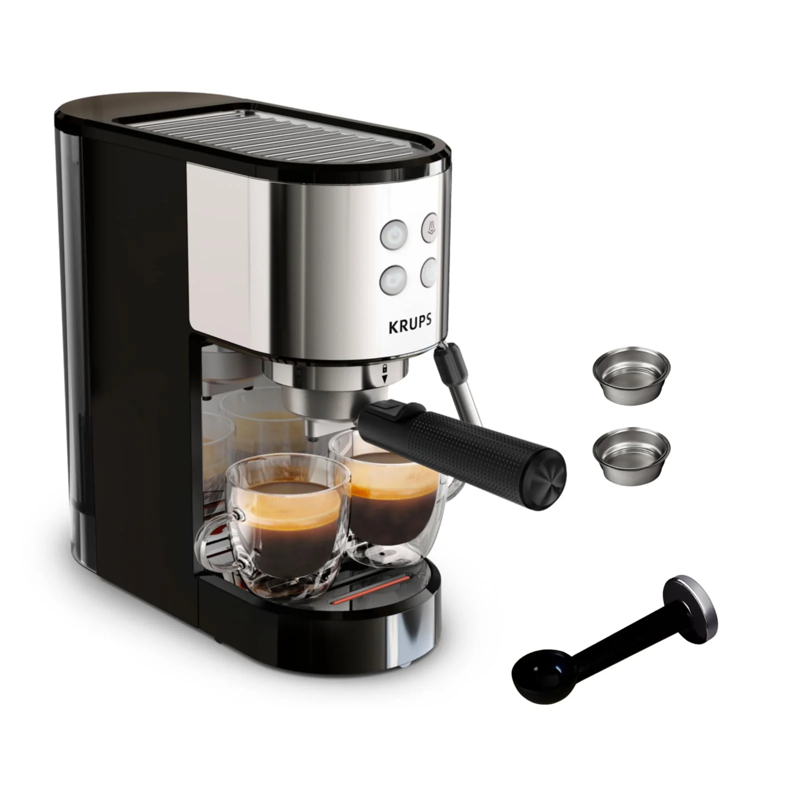 Machine à expresso Krups Virtuoso Essential - 15 bars. Acier inoxydable noir. Design compact et élégant. Arrêt automatique. Expresso et cappuccino. Thermobloc. Buse vapeur. Doseur inclus. XP4418