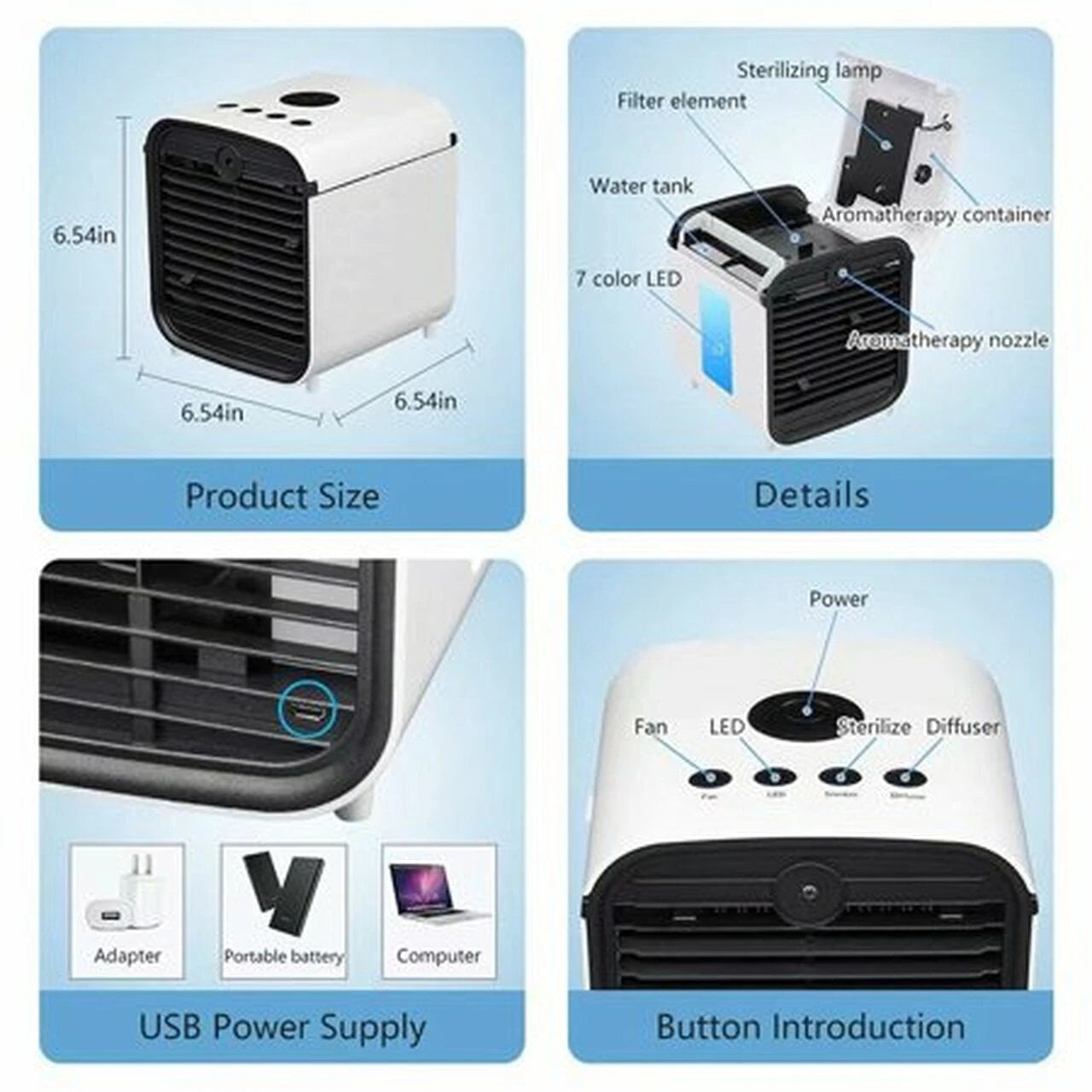 Mini climatiseur multifonction avec LED, humidificateur et purificateur d'air avec batterie