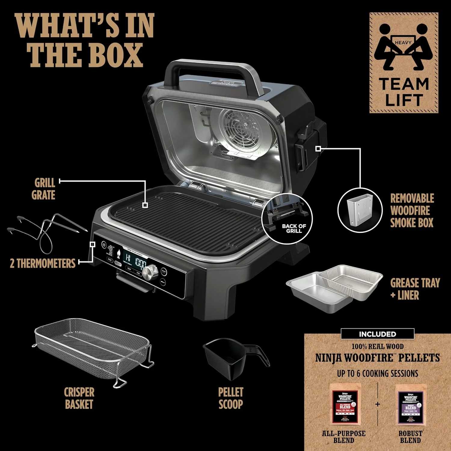 2025 Ninja Woodfire Pro XL udendørs grill og ryger. Termometer. 4-i-1 mastergrill. BBQ-ryger. Udendørs airfryer. Ovn. Bærbar. Elektrisk grill. Mørkegrå. Model OG850