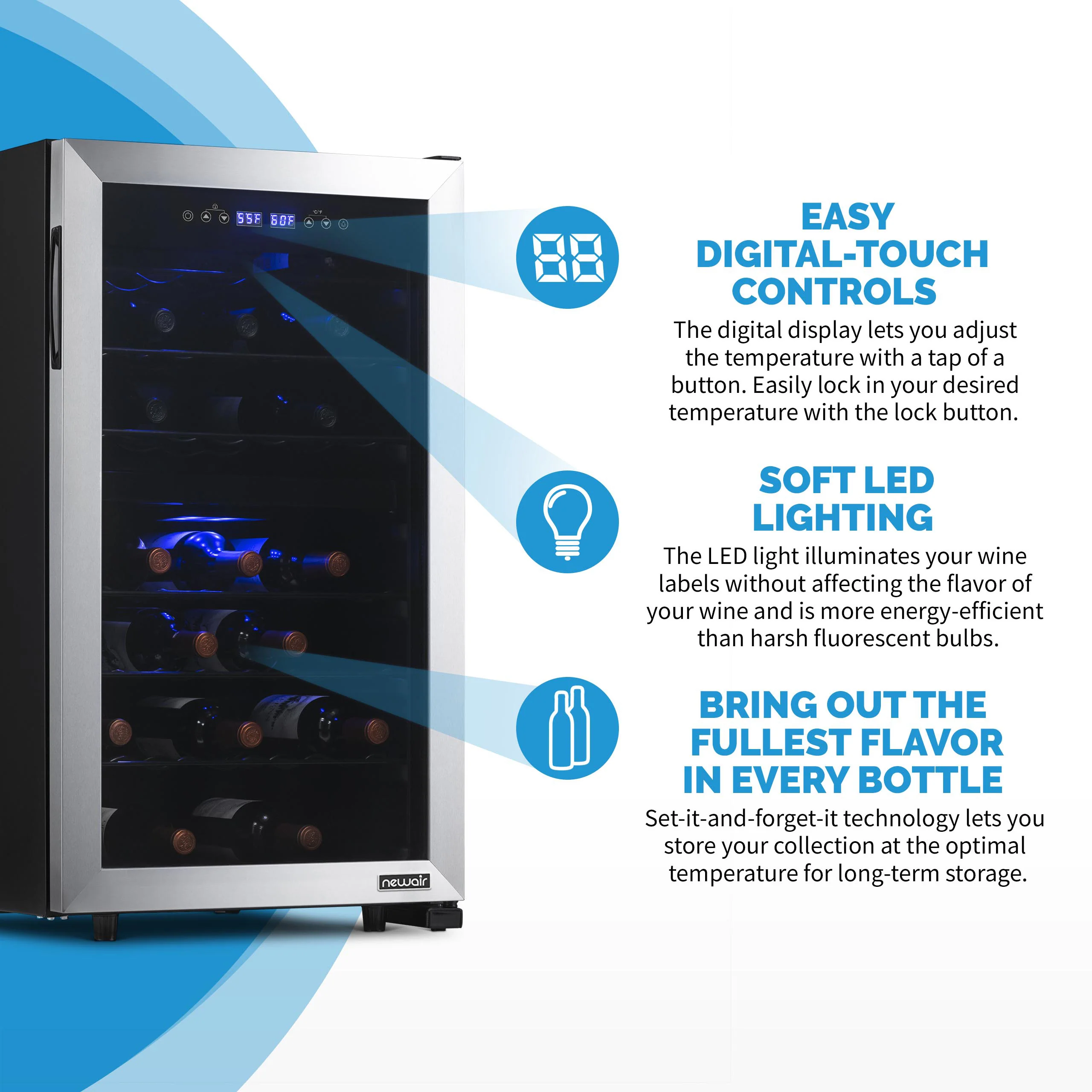 2025 Newair® Fritstående vinkøleskab i rustfrit stål – 43 flasker – 18,9 med dobbelt zone