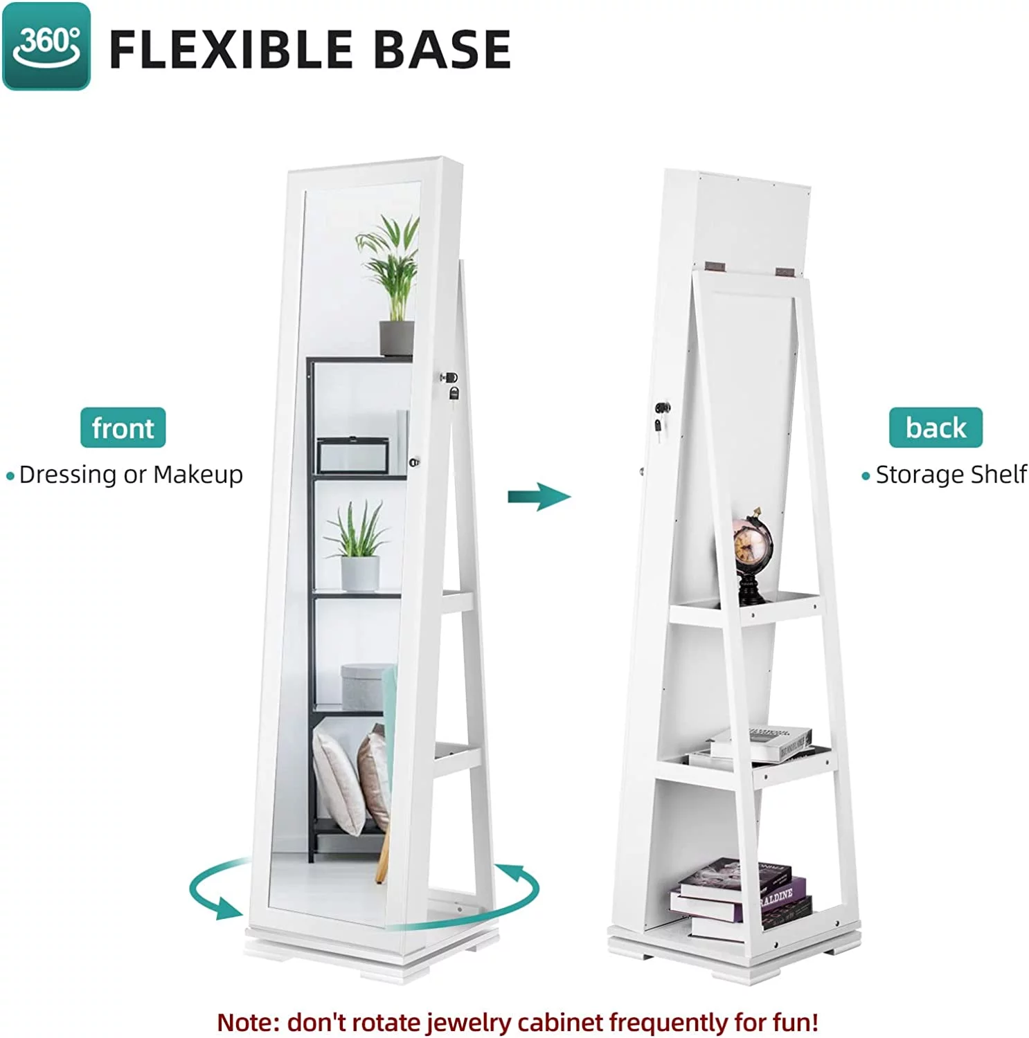 2025 Dextrus 360° roterende smykkeskab med lås, spejl i fuld længde og baghylder. Hvid.