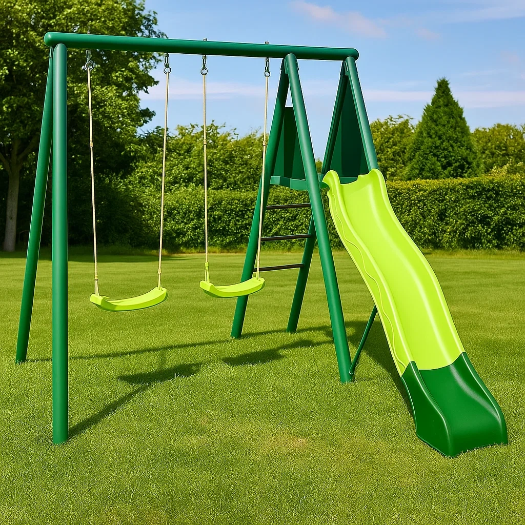 Balançoire pour enfants 295 x 185 x 195 cm, acier/plastique vert/jaune - QAjcwILW30Nx