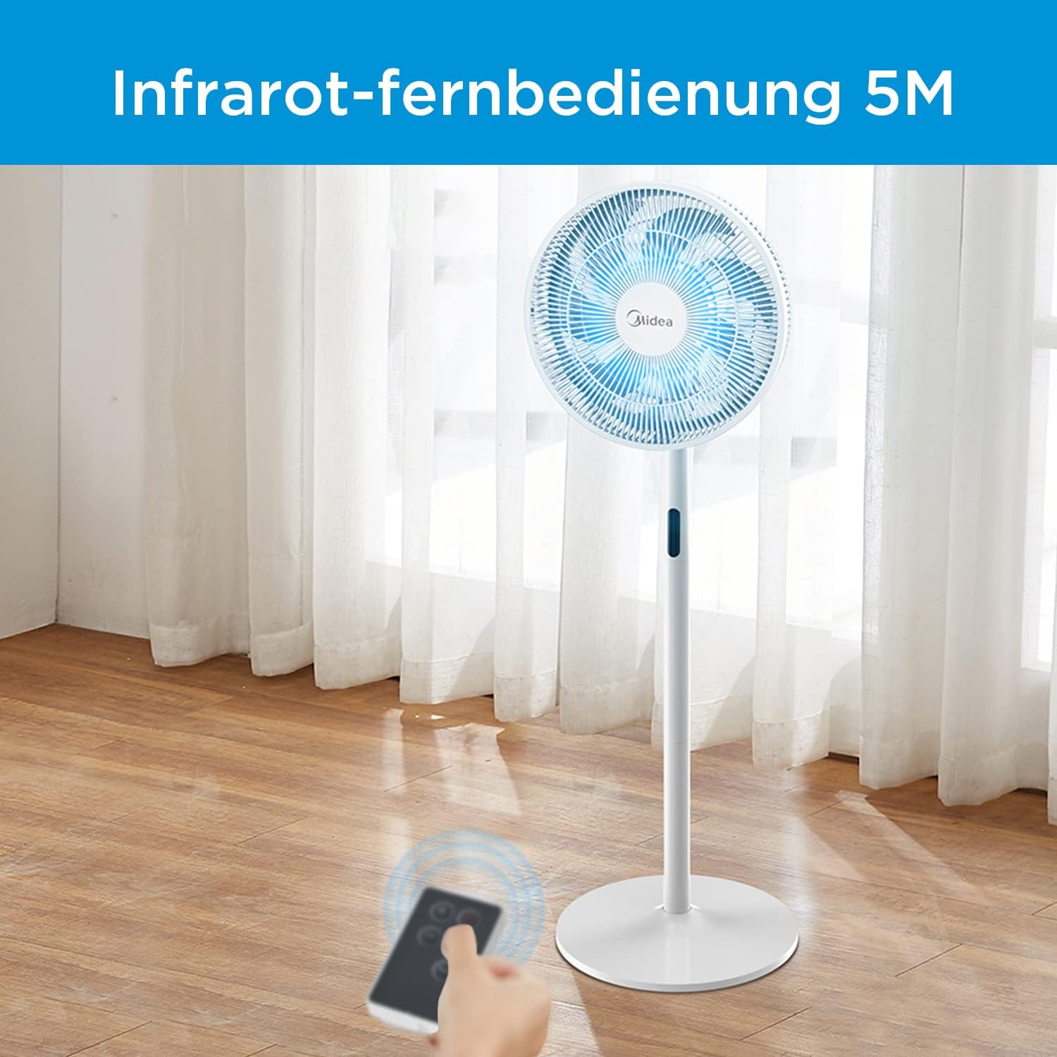 Ventilateur sur pied MIDEA 12 vitesses avec télécommande – Ventilateur silencieux avec oscillation 120º + 135º – Ventilateur avec minuterie, filtre et doubles pales – Débit d'air jusqu'à 24 mètres