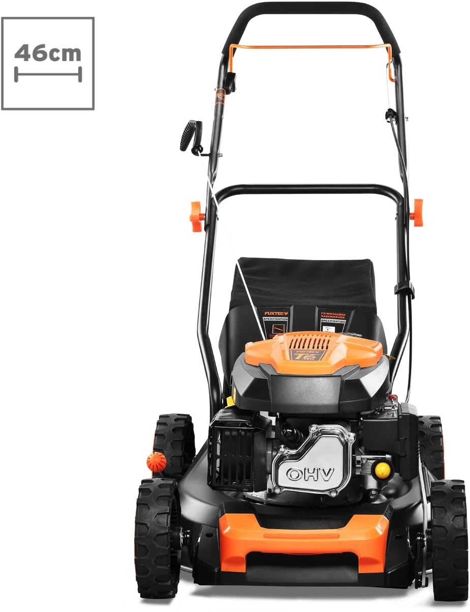 Tondeuse à gazon à essence FUXTEC FX-RM4646ECO, largeur de coupe de 46 cm, puissant moteur à essence de 146 cm³, nettoyage facile, 3 en 1, 2,6 kW, bac de ramassage mulching de 50 l.