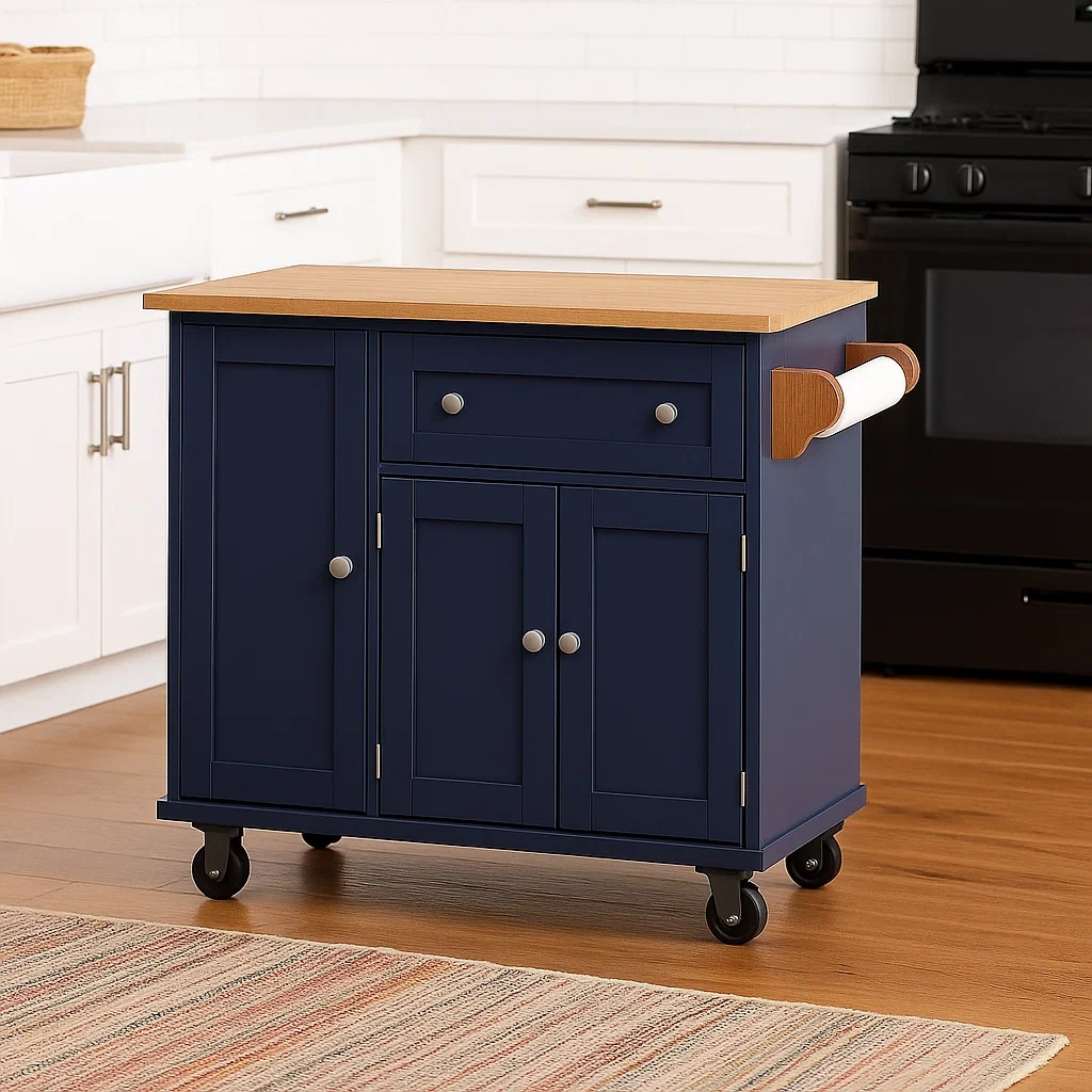 Îlot de cuisine rectangulaire à roulettes, en MDF bleu, avec plan de travail en bois, portes et tiroir. Dimensions : 90 cm de long, 40 cm de large, 85 cm de haut. Idéal pour les cuisines domestiques. - 36V25Gm9ReFU