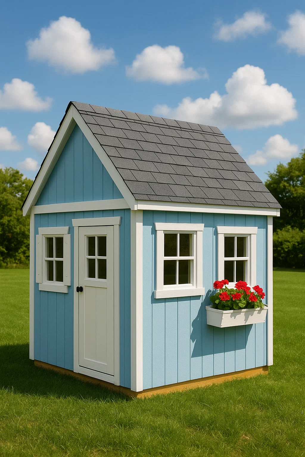Maisonnette en bois bleu pour enfants avec jardinières blanches pour l
