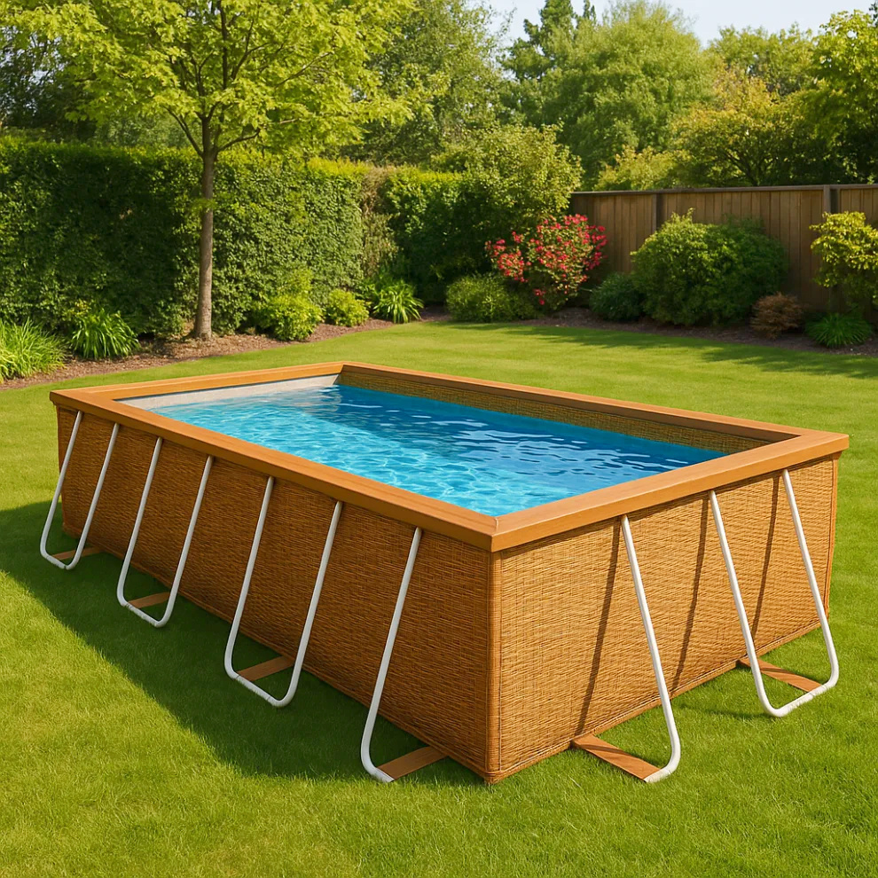 Piscine de jardin rectangulaire en PVC et métal, style tubulaire, marron rotin, 404 x 201 x 100 cm (UisrpAr656Qo)