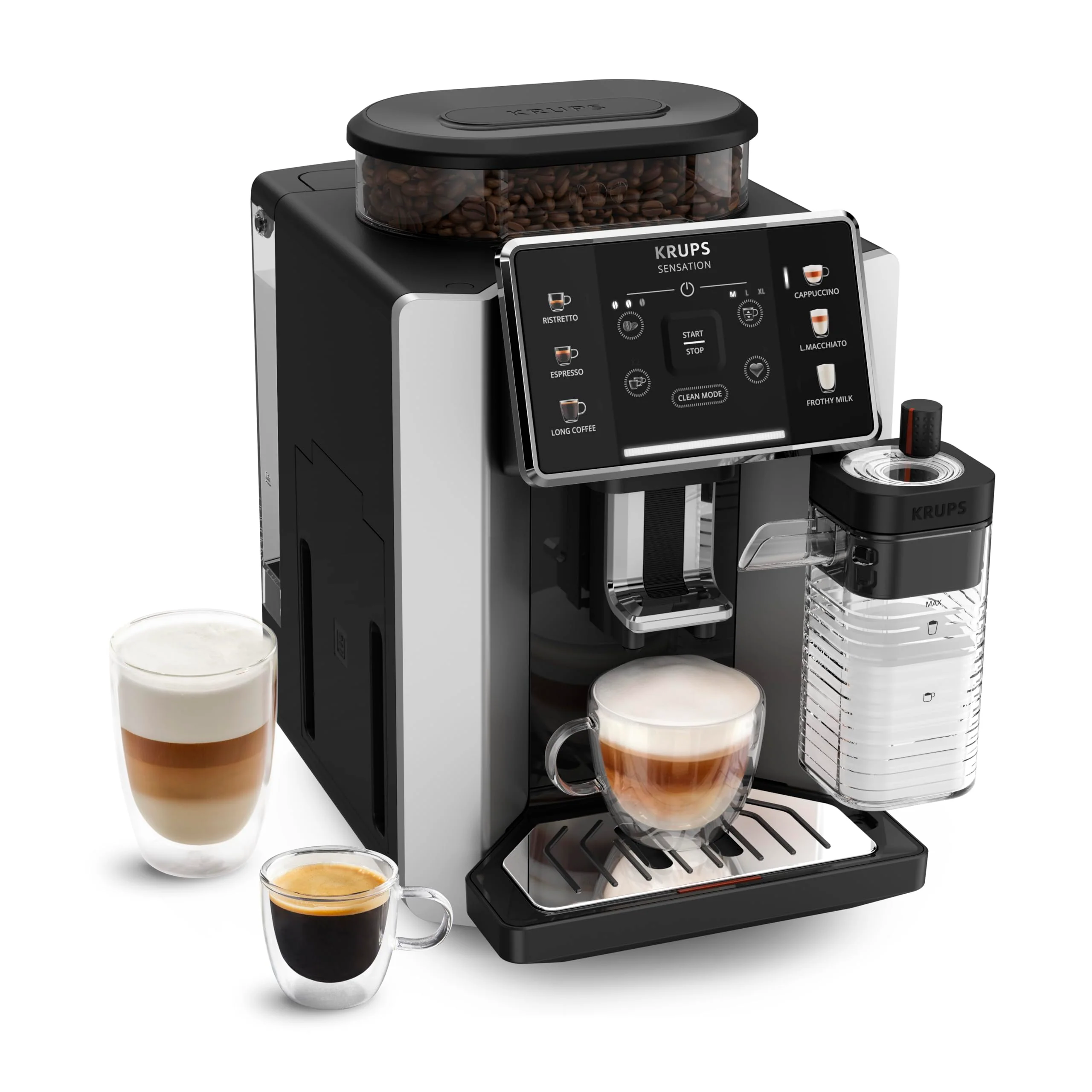 2025 Krups Essential - Superautomatisk Kaffemaskine. 15 bar tryk. Konisk metalkværn. Med valgbar mængde og styrke af kaffe. 1,7 l. 1 kop. Rustfrit stål. LCD-display + mælkekøler.