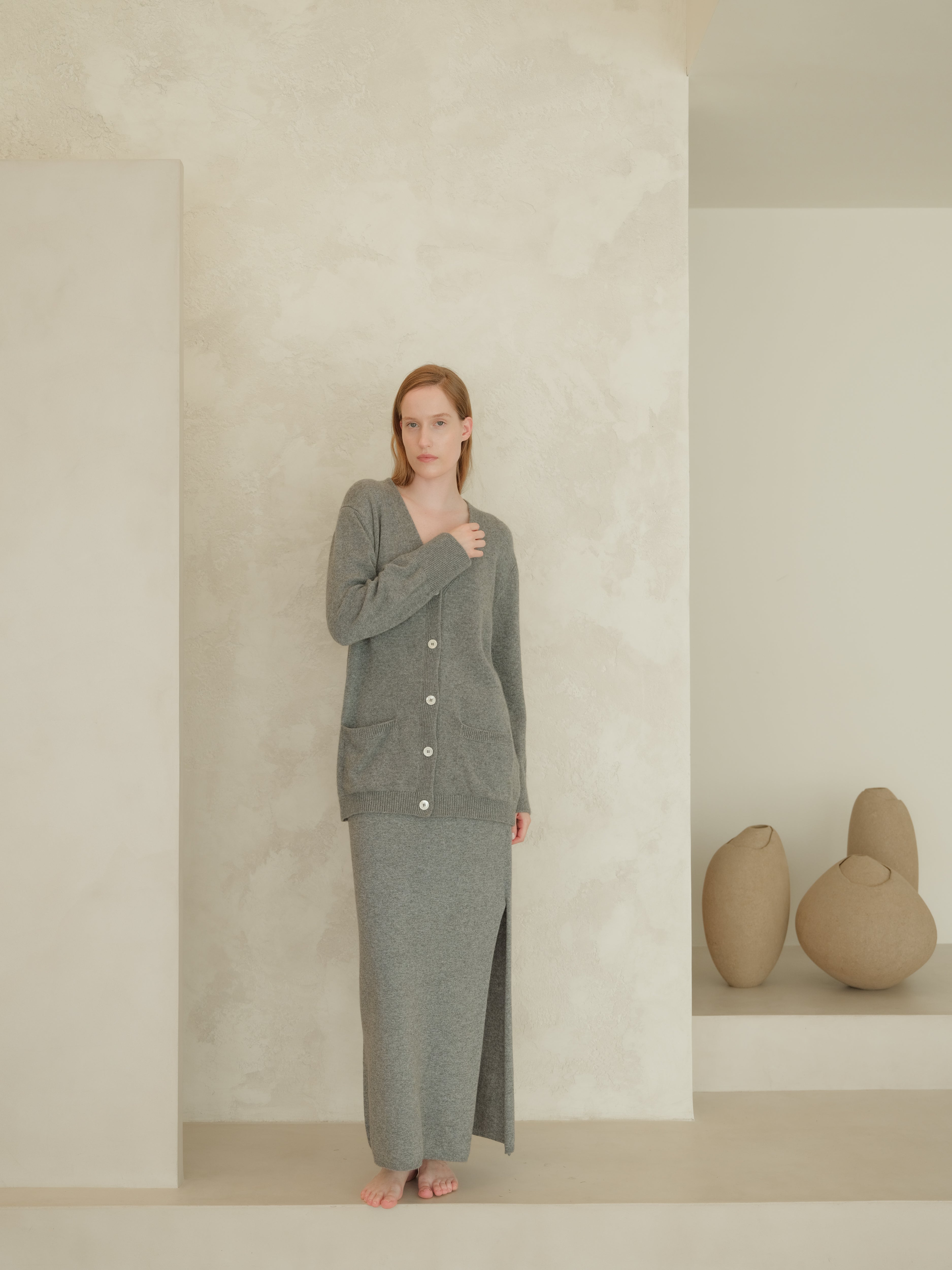 Cashmere Blend High-Waist Long Skirt With Side Slit (3D-Knit)