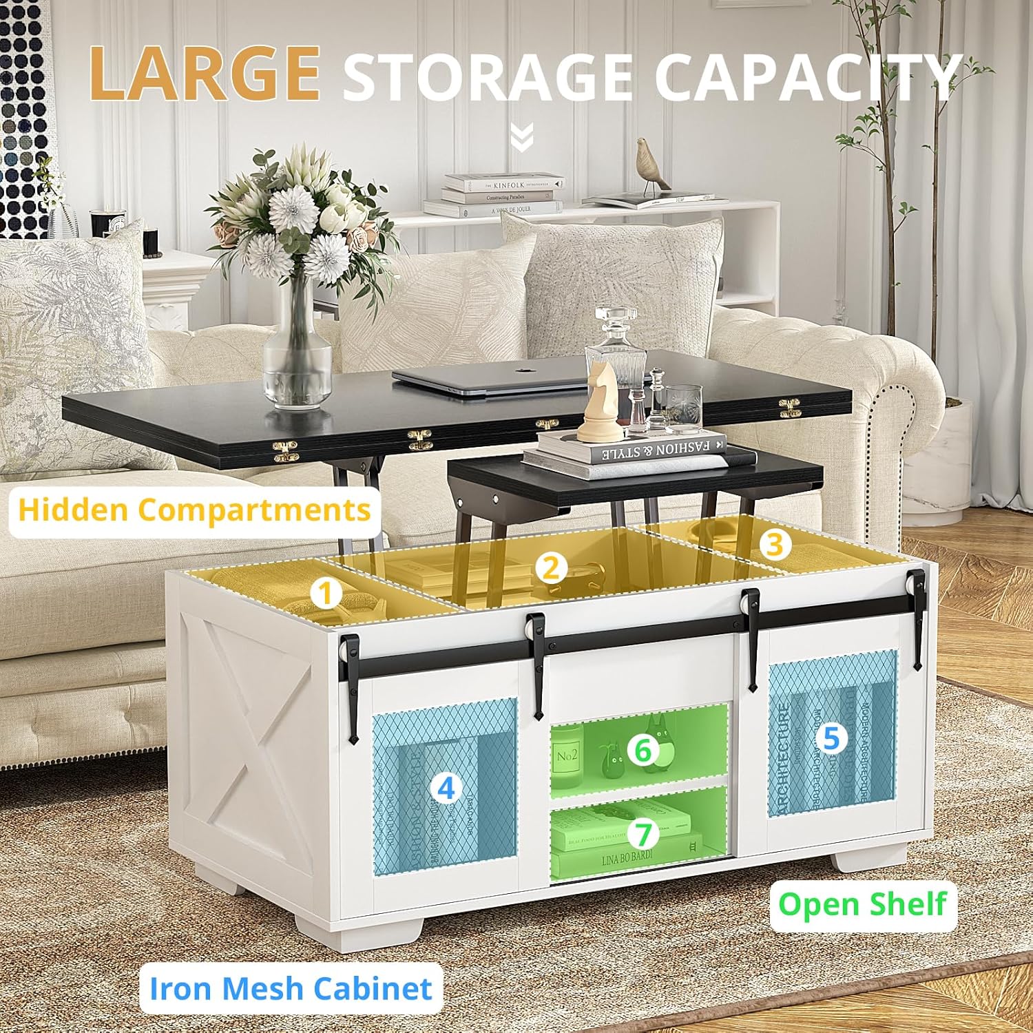 Table basse extensible VOWNER, plateau relevable, multifonctionnelle 3 en 1 avec rangement dissimulé - Salle à manger, convertible, style ferme, noyer