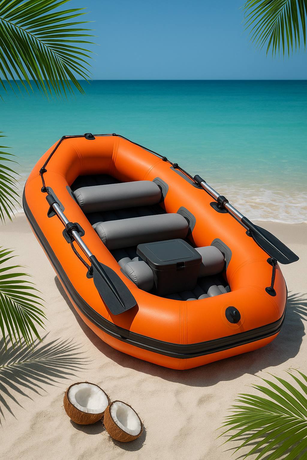 Bateau gonflable orange et gris en PVC, idéal pour la plage, 291 x 127 x 46 cm, réf. rqejAIX520Rl