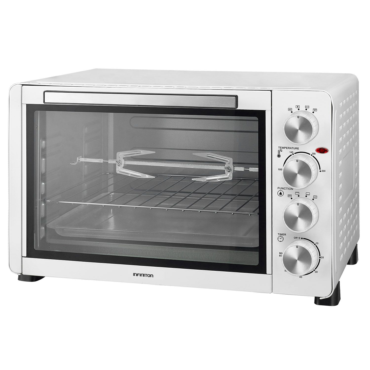 Infiniton HSM-A45B – Tischbackofen, Weiß, 45 l, 2000 W, Konvektion, Bratfunktion, Drehspieß, Doppelverglasung, Innenbeleuchtung, 60-Minuten-Timer.