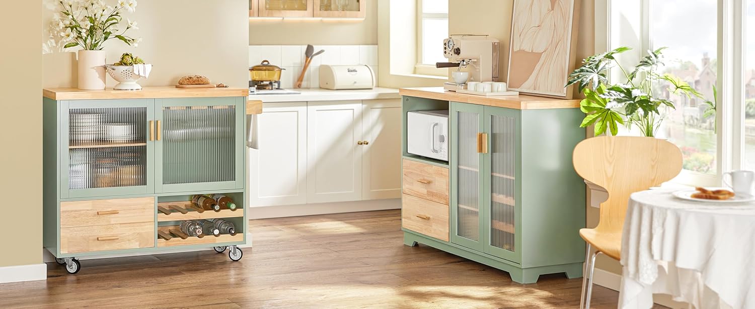 SoBuy FSB81-GR Küchenbuffet mit Mikrowellenfunktion für Esszimmer, Eingangsbereich und Wohnzimmer, mit 2 Türen, 2 Schubladen und 1 offenem Fach, Grün, 120 x 40 x 90 cm, EN