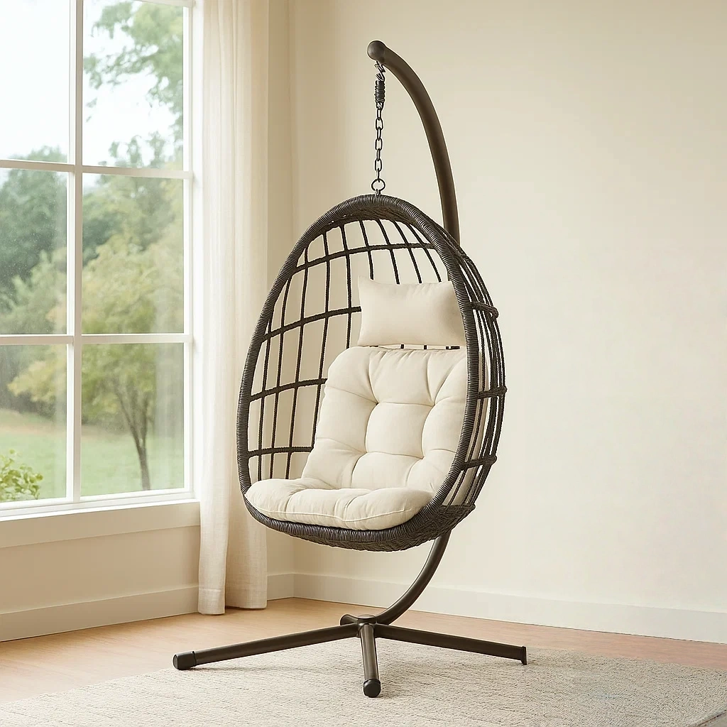 Fauteuil suspendu en rotin synthétique marron et beige, forme ovoïde, avec support, pour jardin, 105 x 70 x 195 cm - lresi3FsrLgy