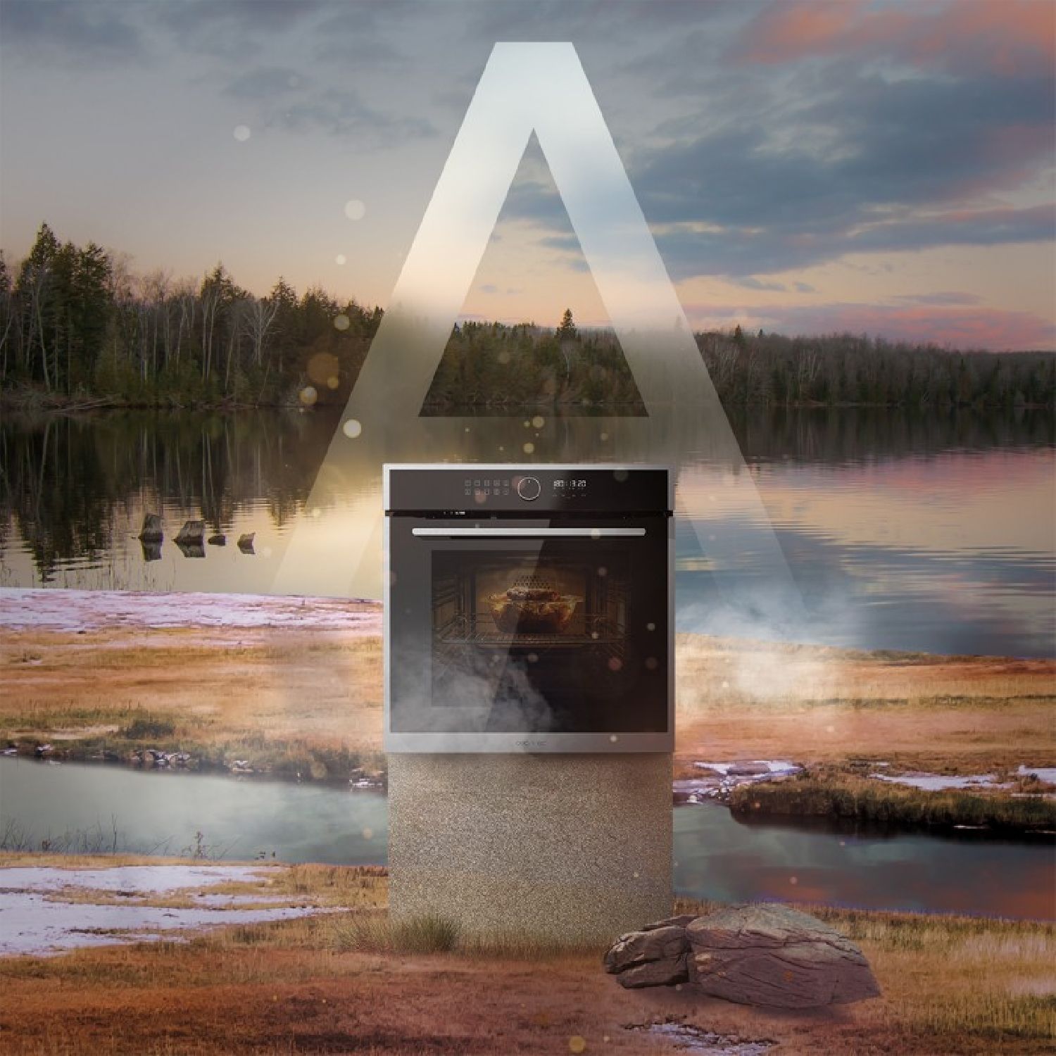 Eingebauter Airfryer-Backofen mit 81 Litern Fassungsvermögen und 11 Funktionen, darunter Airfryer Master, Pizza Master, Dampfgarhilfe und Dampf-Easyclean.