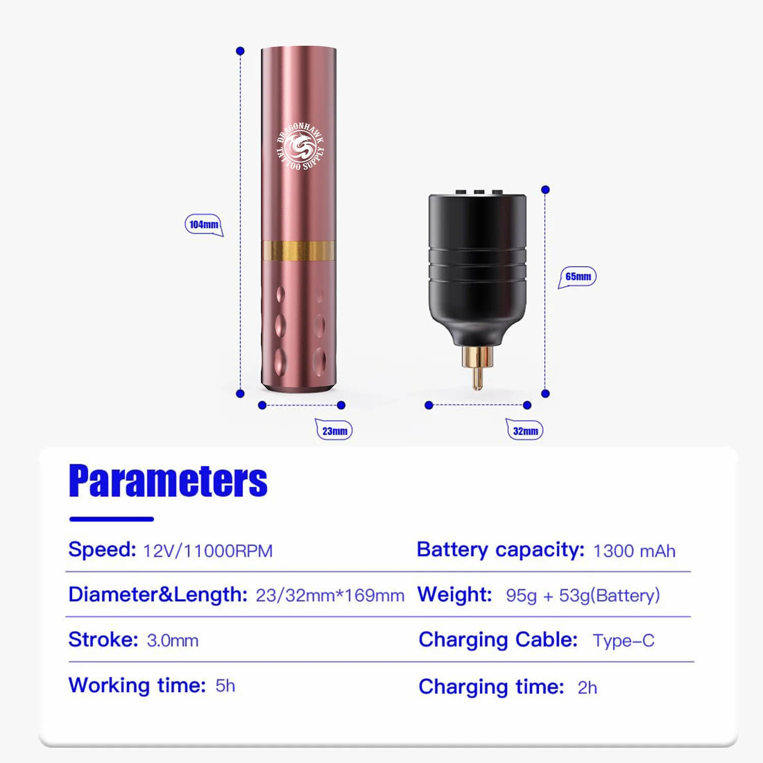 Stylo de tatouage Dragonhawk S6 Pro avec kit de batterie sans fil