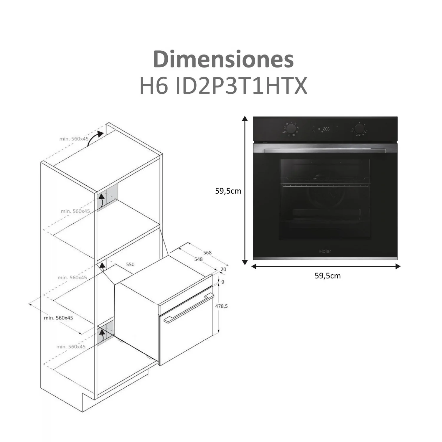 Haier H6 ID2P3T1HTX Multifunktionsbackofen, 3,3 kW, 78 l, Klapptür, 6 Kochfunktionen, Energieeffizienzklasse A+ – Schwarz