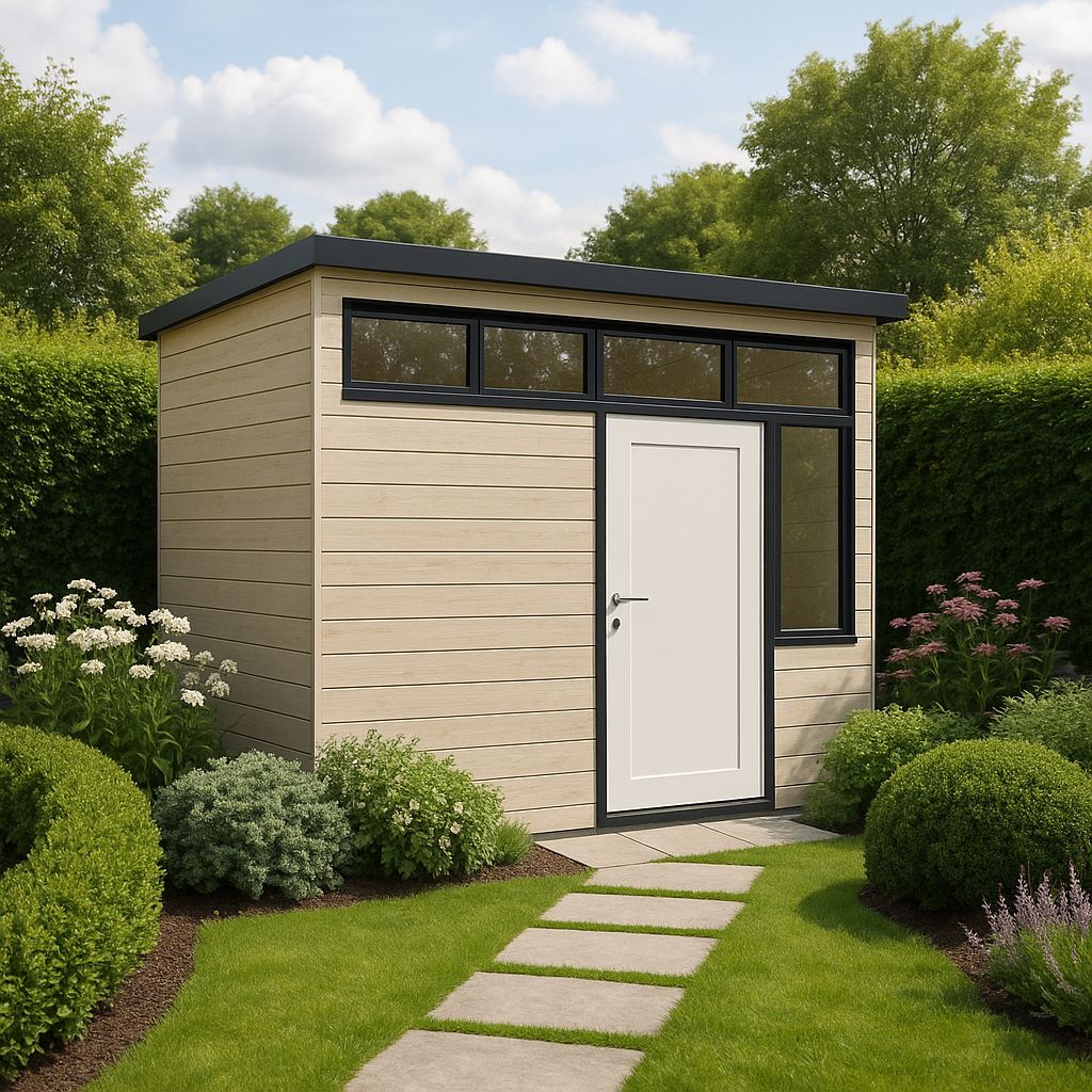 Abri de jardin en bois beige et blanc, imitation bois, pour l