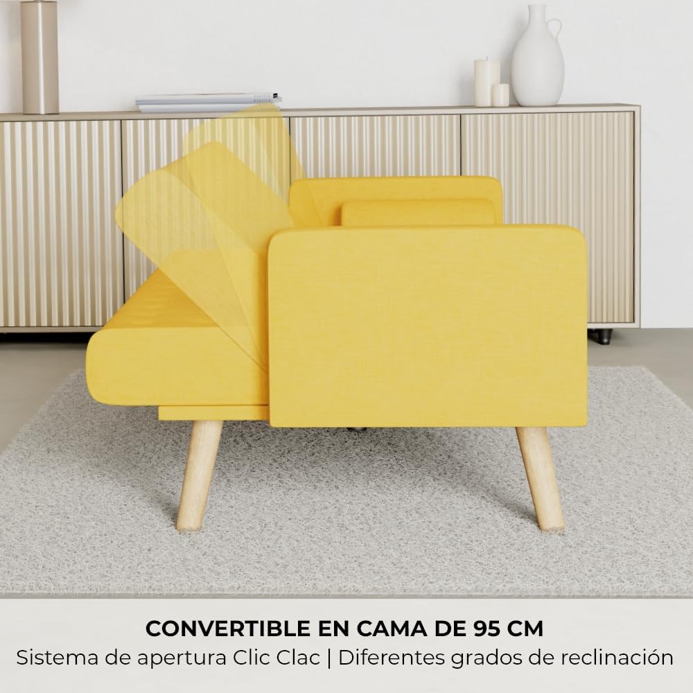 Nalui – 3-Sitzer-Schlafsofa, gepolstert, 203 x 82 x 78 cm, One Dots, mit 2 Kissen und Klick-Klack-Öffnungsmechanismus mit mehreren Liegepositionen. Chaiselongue-Schlafsofa mit Holzbeinen, umwandelbar in ein Doppelbett | Beige