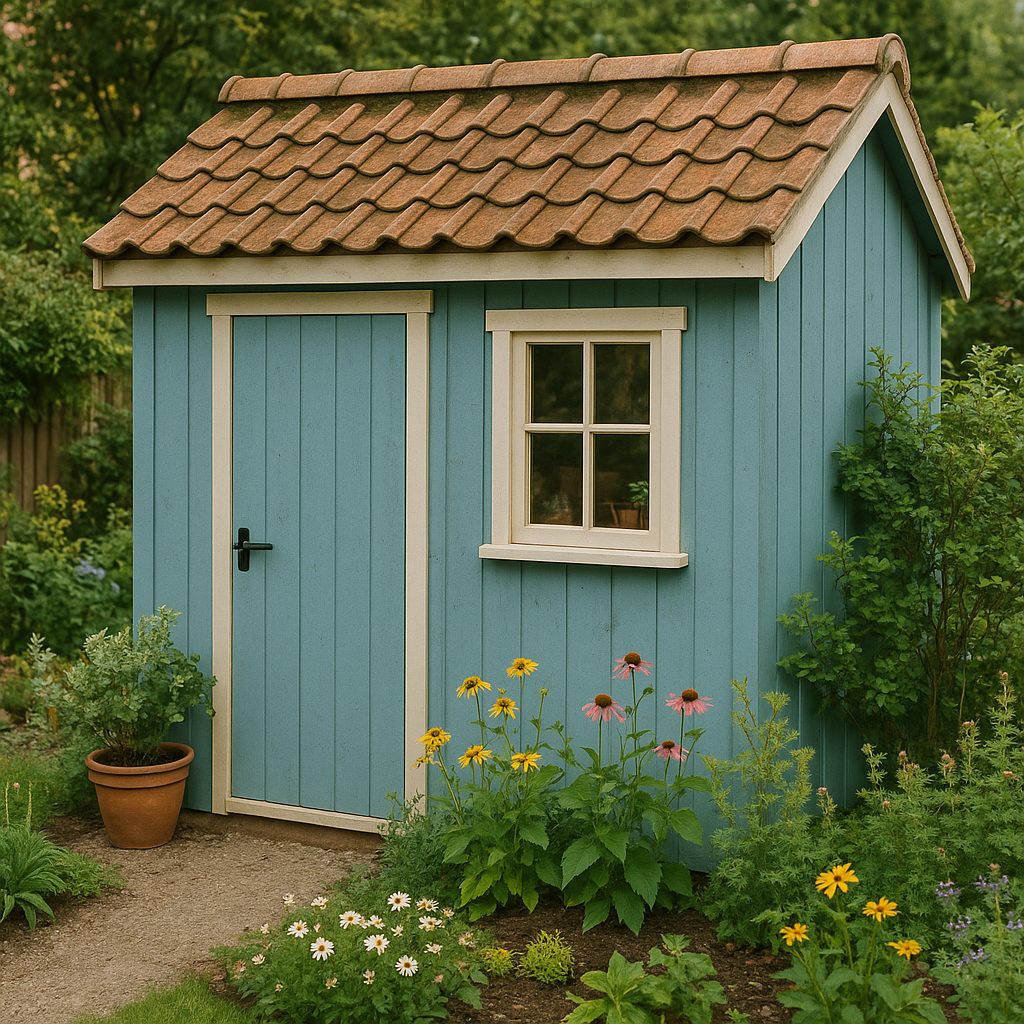 Abri de jardin en bois bleu et beige, bois synthétique, extérieur, 230×200×250cm