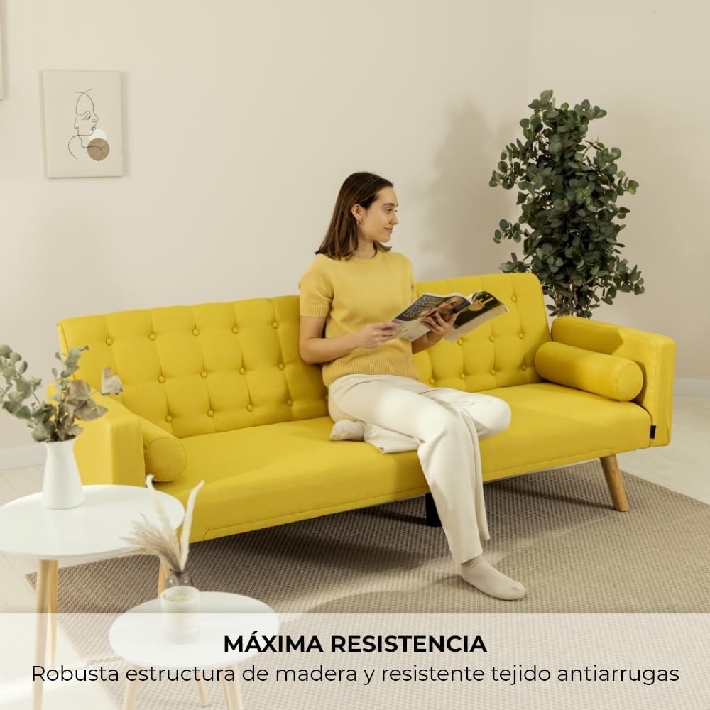 Nalui – 3-Sitzer-Schlafsofa, gepolstert, 203 x 82 x 78 cm, One Dots, mit 2 Kissen und Klick-Klack-Öffnungsmechanismus mit mehreren Liegepositionen. Chaiselongue-Schlafsofa mit Holzbeinen, umwandelbar in ein Doppelbett | Beige