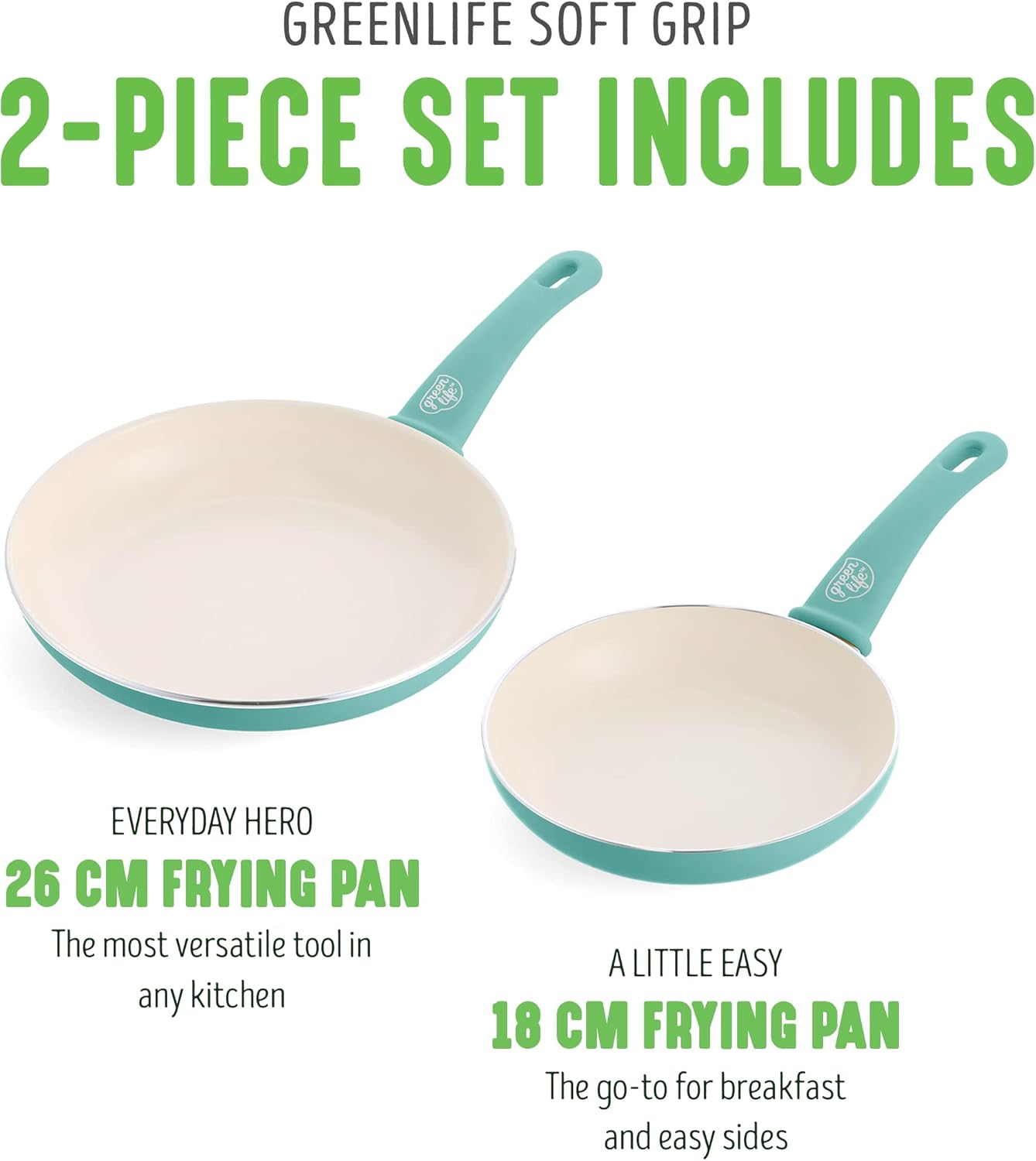 GreenLife Soft Grip 16-teiliges Antihaft-Keramik-Kochgeschirr-Set, bestehend aus Bratpfanne, Stielkasserolle und Topf, PFAS-frei, spülmaschinenfest, ofenfest, türkis