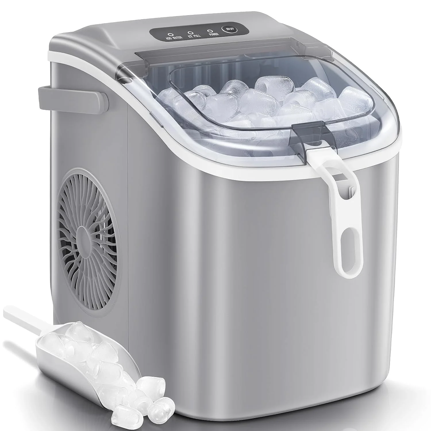 Eiswürfelbereiter 2025 für die Arbeitsplatte. Kaubare Eiswürfel. 15 kg/24 h. Selbstreinigend. Schalleis. Ein-Knopf-Bedienung. Für Küche oder Büro. Edelstahl, silberfarben.
