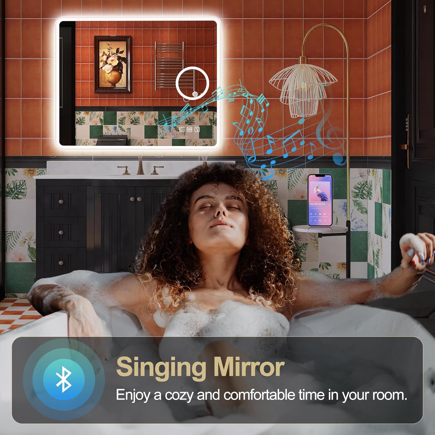 S'bagno badeværelsesspejl med lys 1200x700mm, IP44 - badeværelsesspejl med LED og Bluetooth, antidugfunktion / 3 lysfarver (3000K, 4000K, 6500K) / Dæmpbar / Memory, lodrette eller vandrette badeværelsesspejle med LED