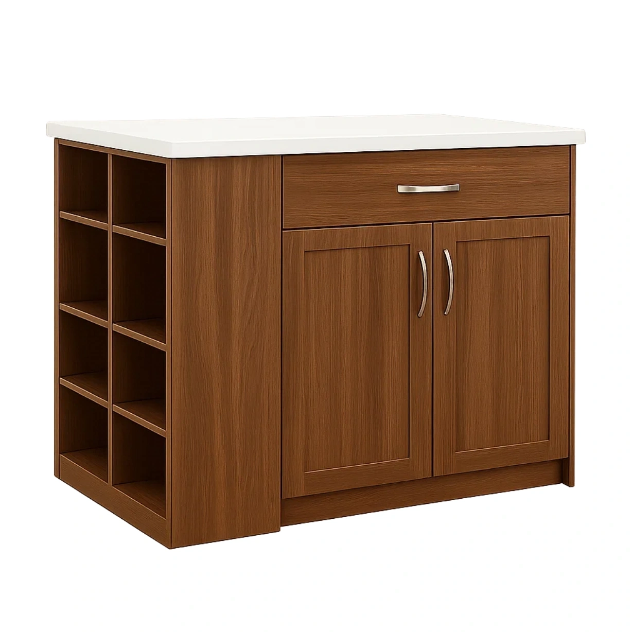 Îlot de cuisine rectangulaire avec porte-bouteilles, tiroir et placard en MDF couleur noyer, plan de travail blanc, pose libre, 100 x 60 x 90 cm, usage domestique - WzdFJKPUykK4