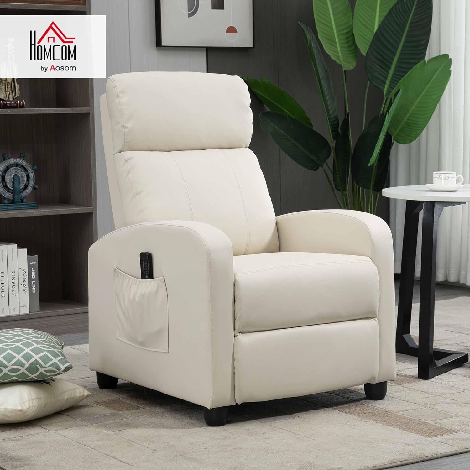 HOMCOM Massagestol, Hvilestol med Fjernbetjening, 2 Massagezoner, 8 Programmer, 5 Intensitetsniveauer, 1 Sidelomme og Timer, PU Betræk, 68x88x98 cm, Creme