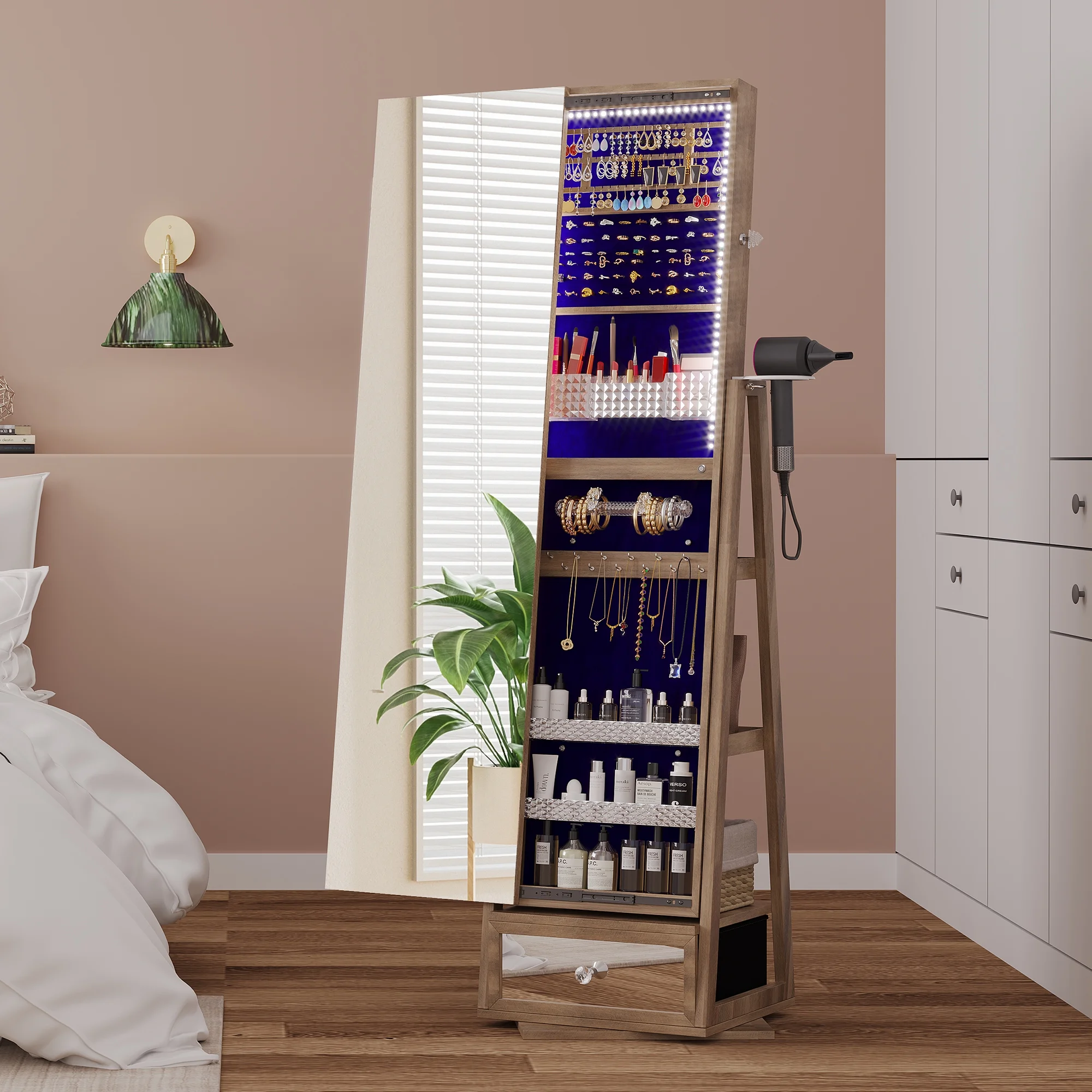 360° roterende smykkeskrin med spejl, LED-lys og lås – brun