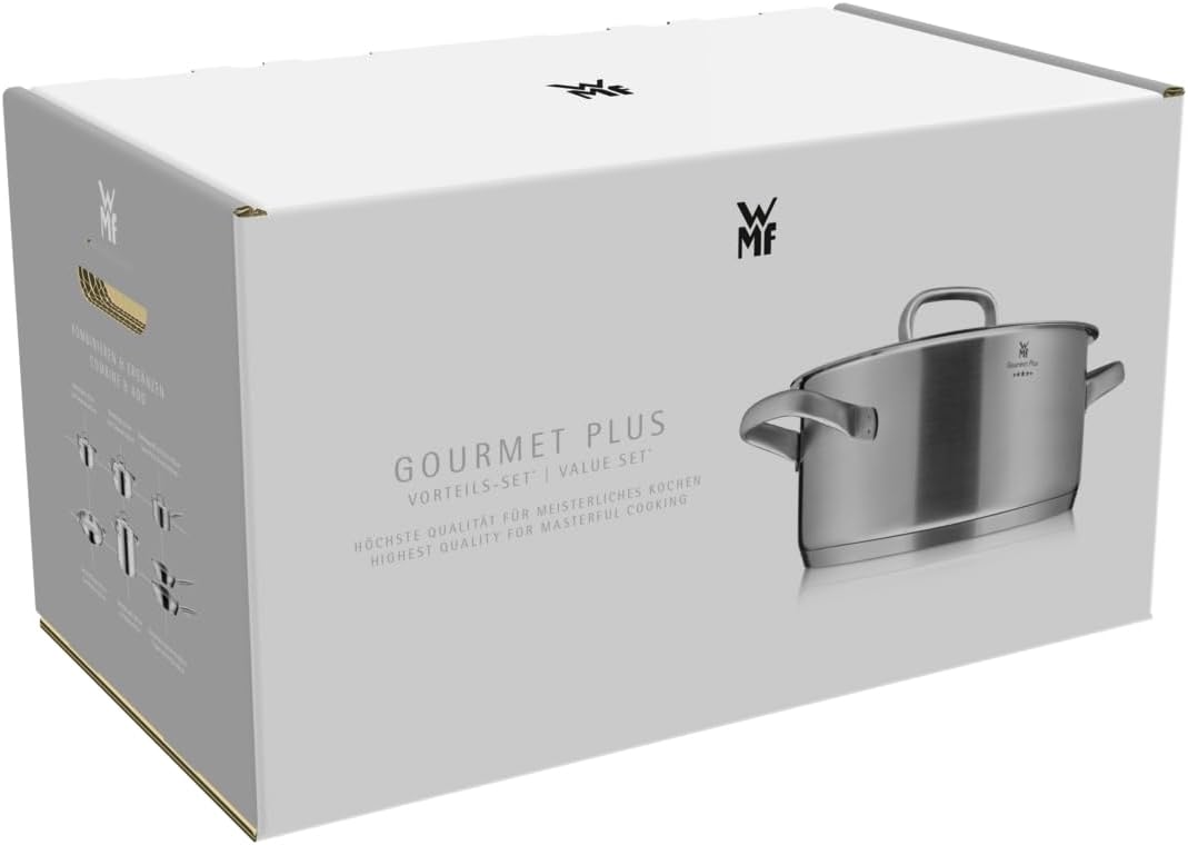 WMF Gourmet Plus - 5-teiliges Kochgeschirr-Set, Edelstahl, induktionsgeeignet, 1 flacher Bräter (20 cm), 3 hohe Bräter (16 cm, 20 cm und 24 cm), 1 Stielkasserolle (16 cm) mit 4 Edelstahldeckeln
