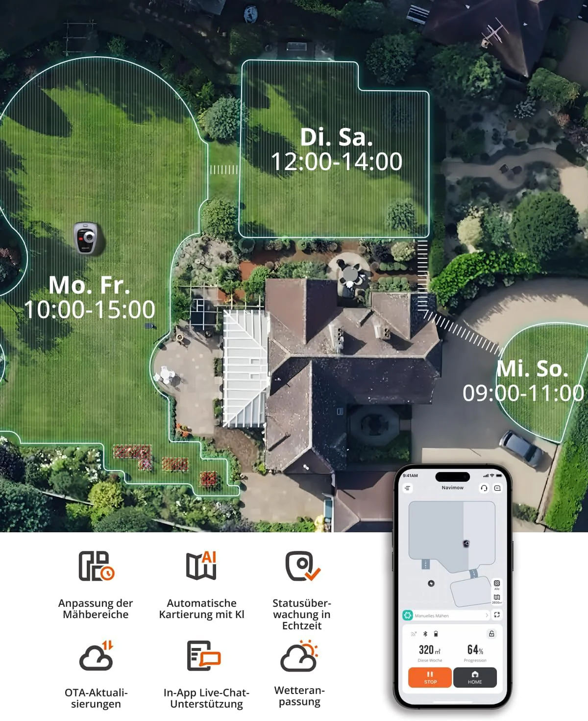 Navimow i105E Mähroboter (Modelljahr 2025) ohne Begrenzungskabel. Empfohlen für 500 m², maximal 600 m². Testsieger mit RTK+Vision-Technologie. Igelschutz. Automatische KI-Kartierung. Virtuelle Begrenzung. Mehrere Zonen.