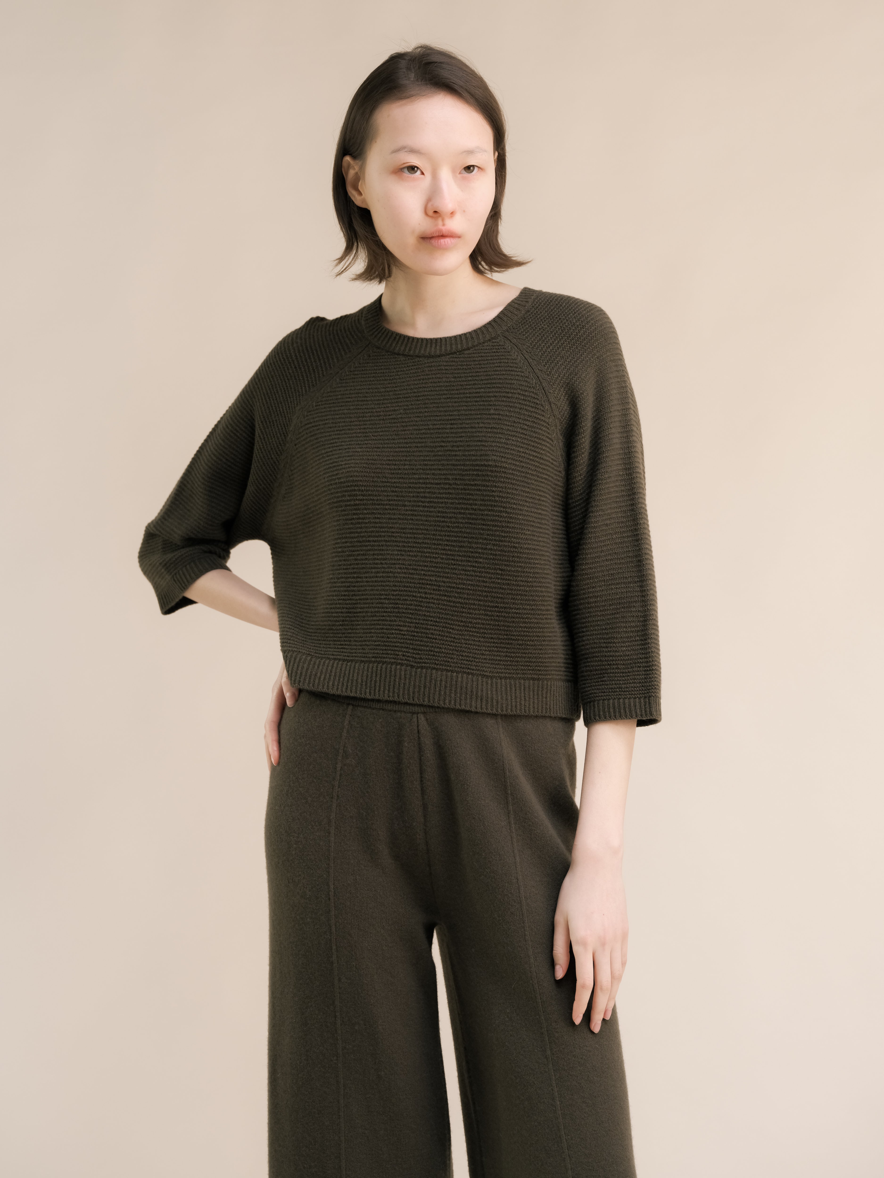 Cashmere Mix Cropped 3/4 Sleeve Pullover