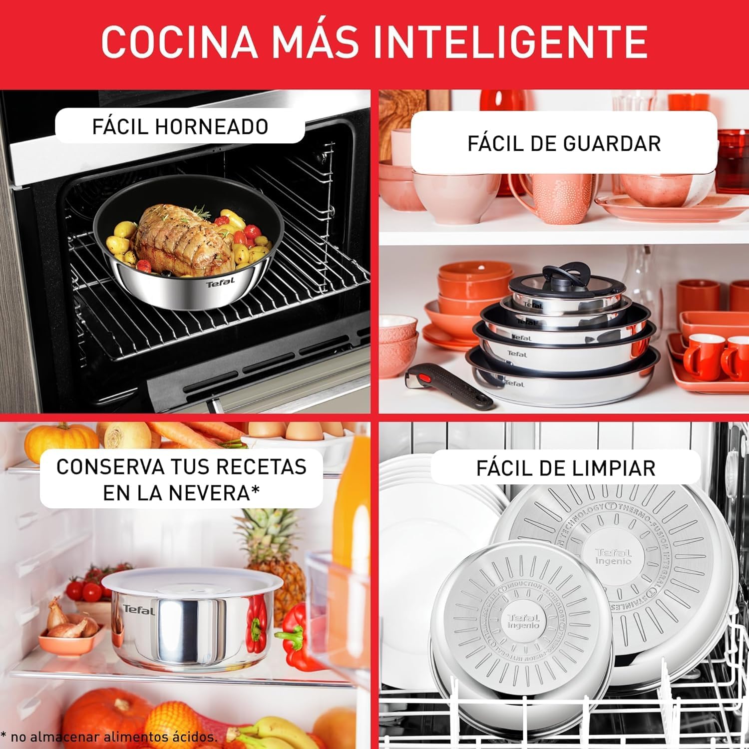 Tefal Ingenio Emotion Sæt med 3 stegepander 22/24/28 cm + 3 kasseroller 16/18/20 cm + gryderet 24 cm + wok 26 cm + 12 tilbehør | Induktionssikker, non-stick, tåler opvaskemaskine og ovn