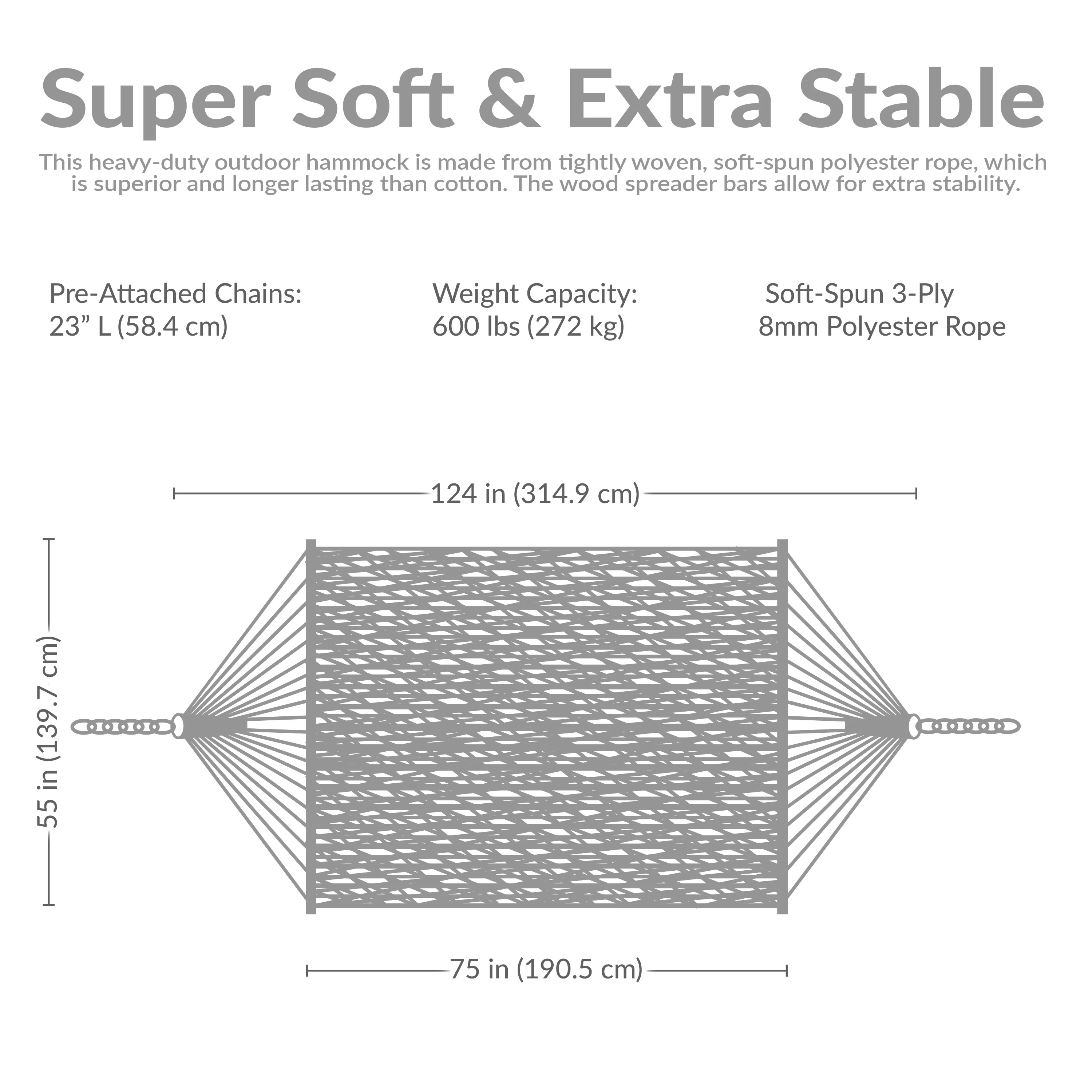 Hamac Sunnydaze 2025 en corde de polyester pour 2 personnes avec barres d'écartement