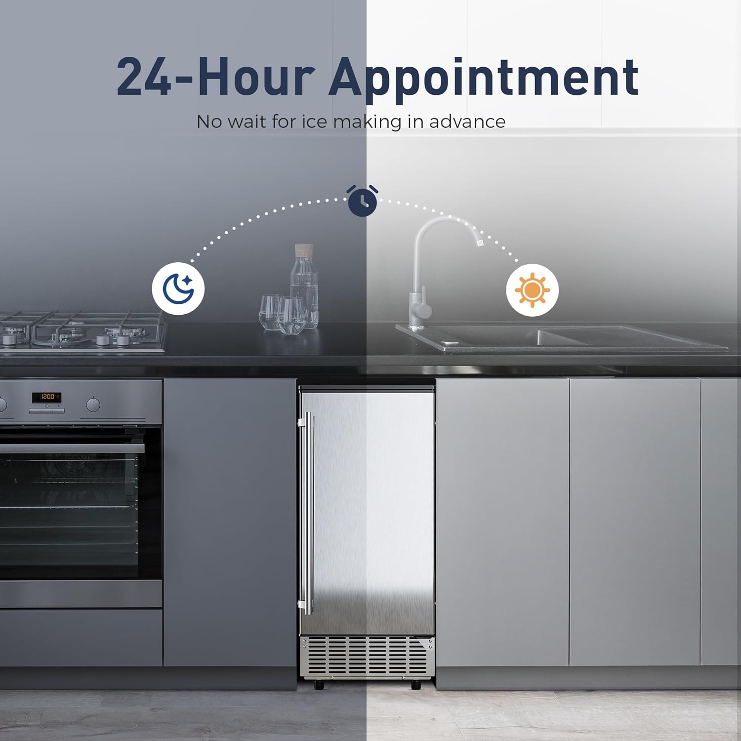 Machine à glaçons commerciale sous le comptoir, capacité de 80 lb/jour avec stockage de 24 lb de glace, pompe de vidange intégrée, nettoyage automatique, réglage de la minuterie, écran LCD intelligent, idéale pour un usage domestique et commercial