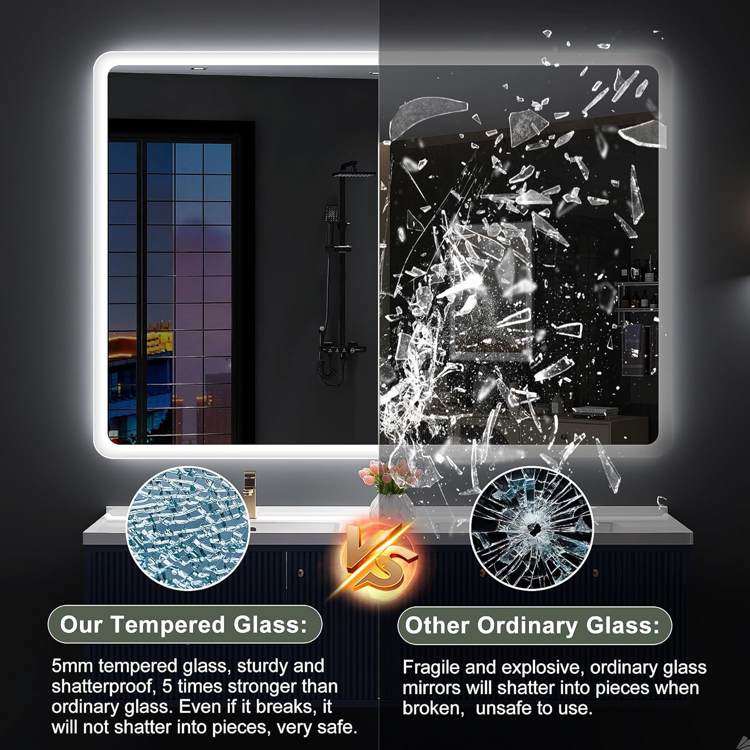 S'bagno badeværelsesspejl med lys 1200x700mm, IP44 - badeværelsesspejl med LED og Bluetooth, antidugfunktion / 3 lysfarver (3000K, 4000K, 6500K) / Dæmpbar / Memory, lodrette eller vandrette badeværelsesspejle med LED