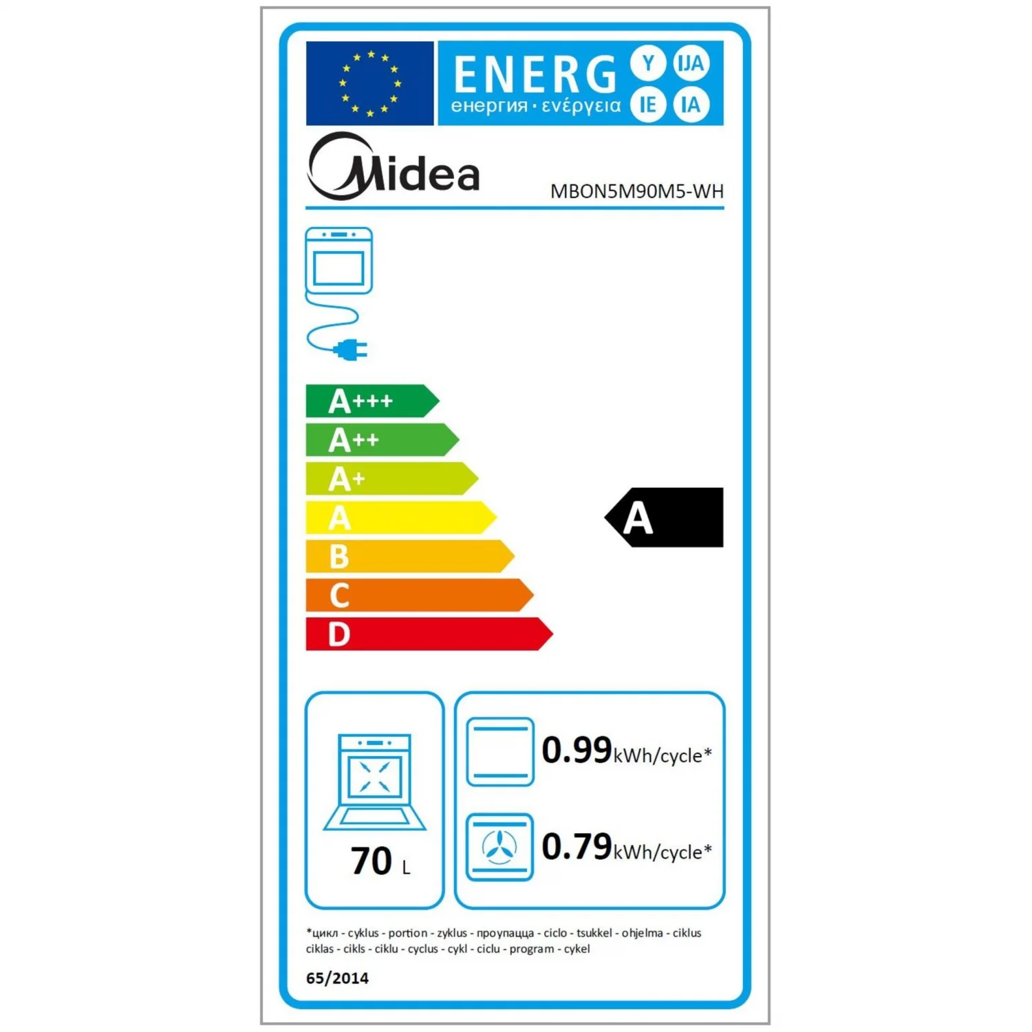 Midea MBON5M90M5-WH Multifunktionsbackofen, 3 kW, 70 l, Klapptür, 9 Kochfunktionen, Energieeffizienzklasse A – Weiß