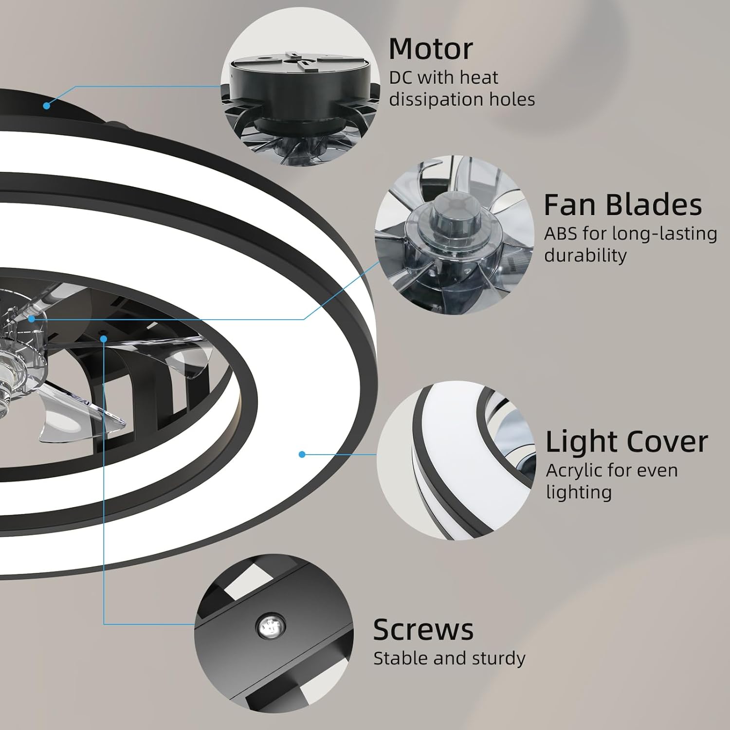 Ventilateur de plafond avec lumière 40,5 cm, silencieux 20 W, intensité variable 3000 K-4000 K-6500 K, 6 vitesses, télécommande, minuterie, mémoire de lumière, réversible