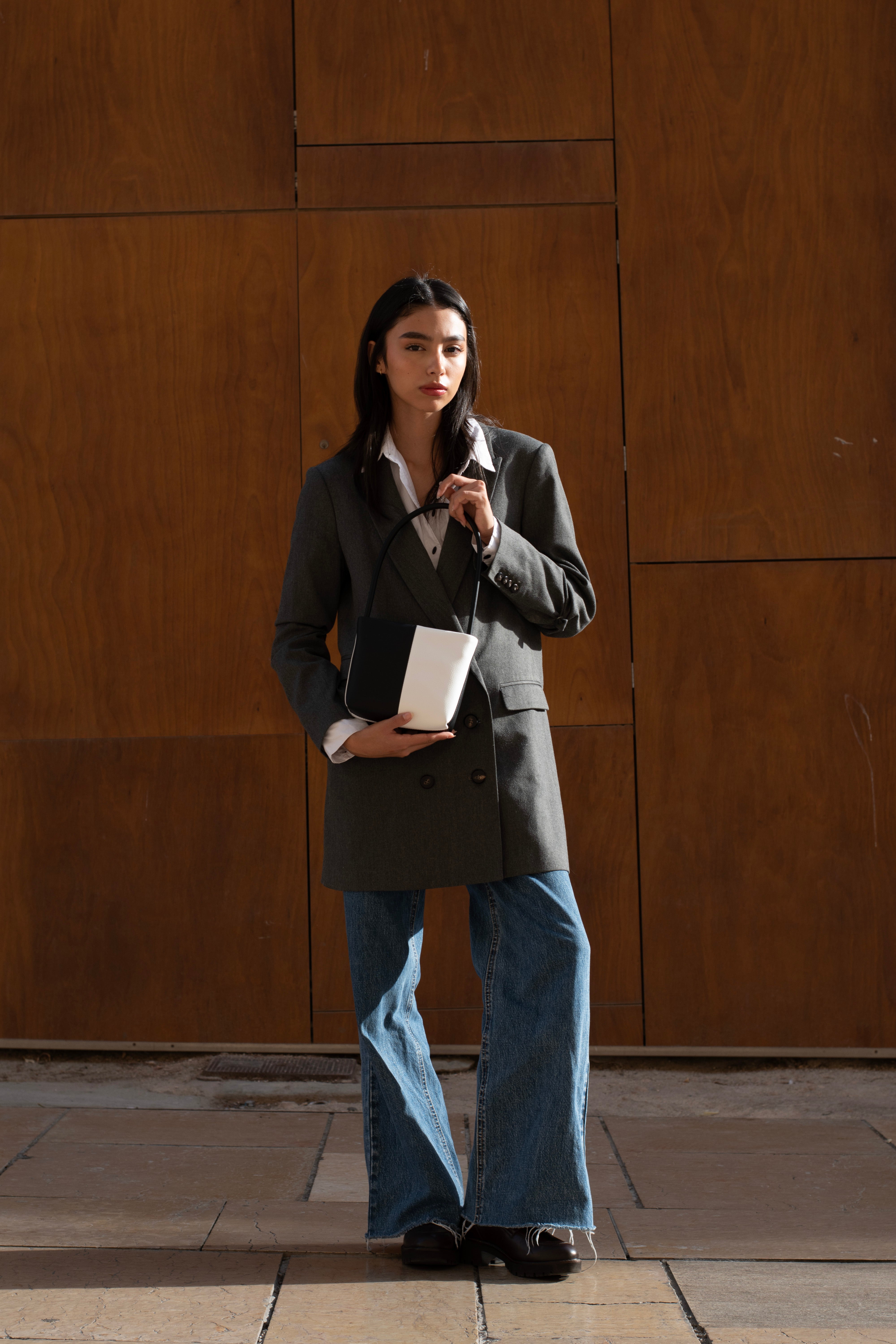 Aria - Apple Leather Midi Shoulder Bag - Black & White