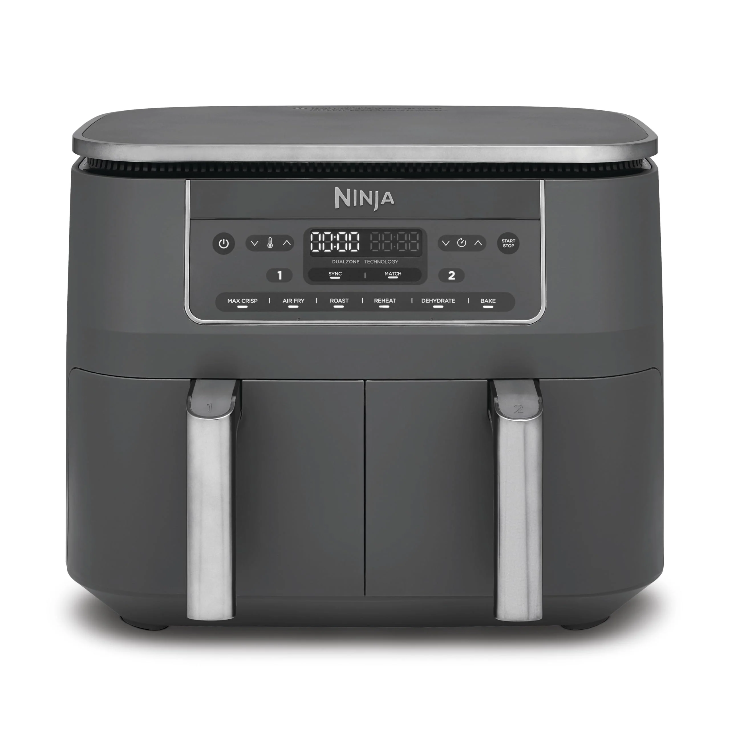 2025 Ninja Dual Zone Digital Air Fryer. 2 skuffer. 6-i-1. Oliefri. 7,6 l kapacitet. Varmlufttilberedning. Max Crisp-funktion. Steg. Bag. Genopvarm. Kurve, der tåler opvaskemaskine. Metallic grå DZ300EU