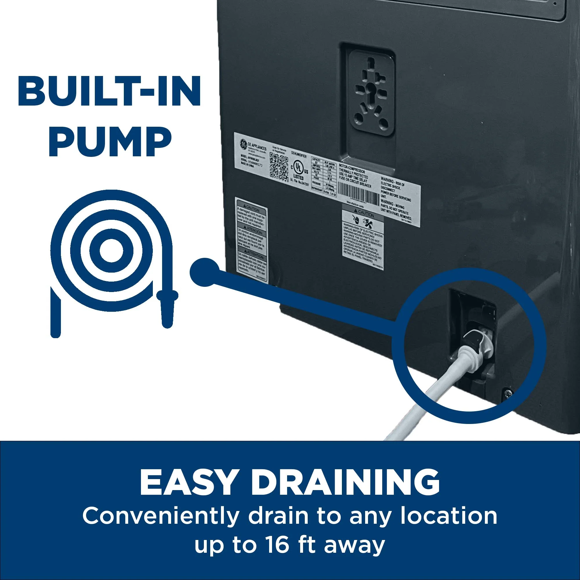 2025 GE Appliances APEW50LZ – Energy Star-certificeret bærbar affugter med integreret pumpe til meget fugtige rum