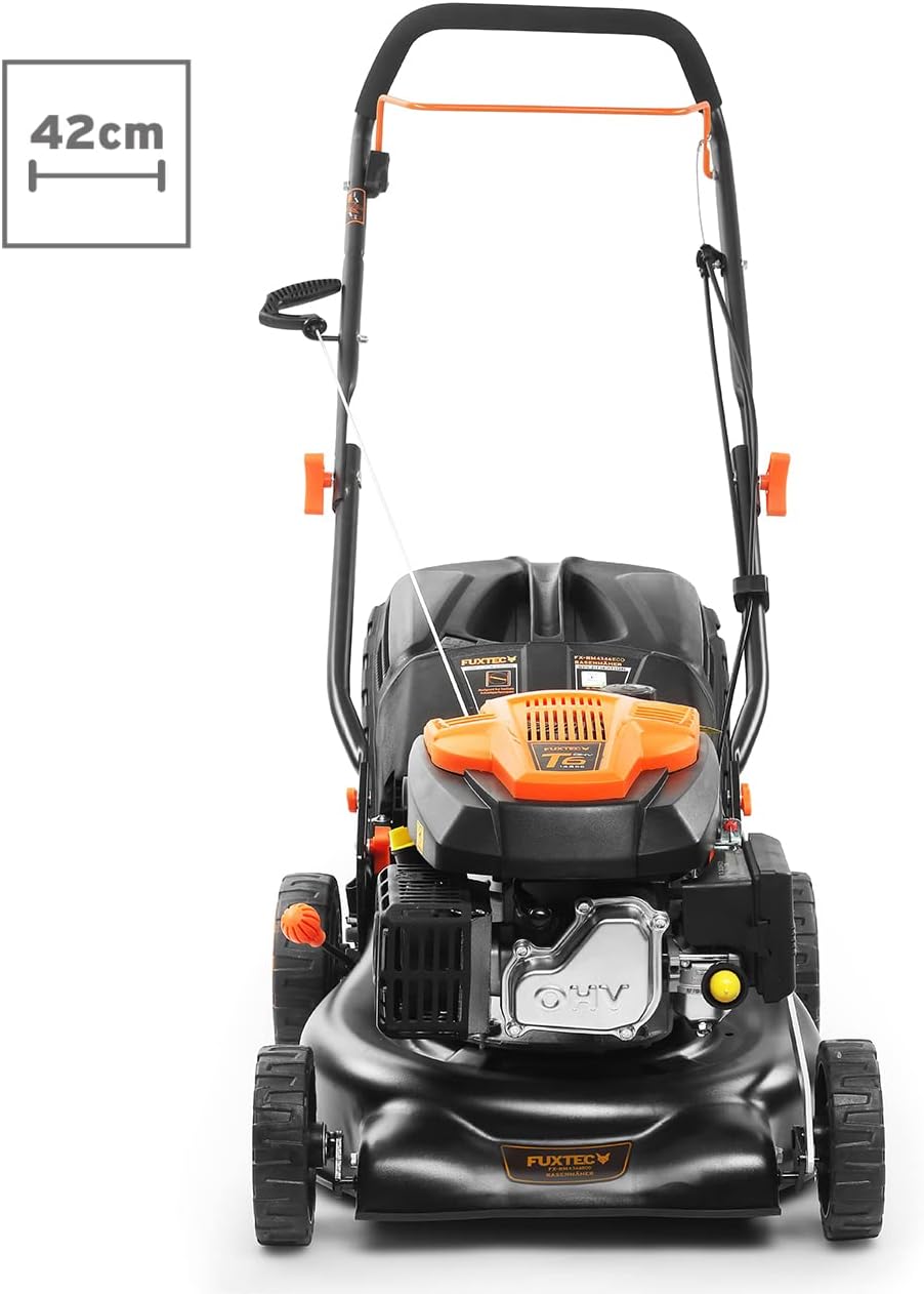 Tondeuse à gazon à essence FUXTEC FX-RM4646ECO, largeur de coupe de 46 cm, puissant moteur à essence de 146 cm³, nettoyage facile, 3 en 1, 2,6 kW, bac de ramassage mulching de 50 l.