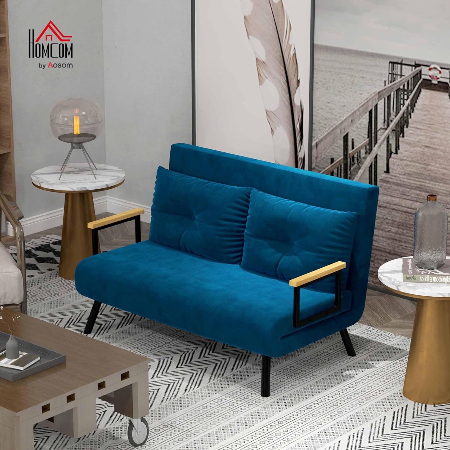 HOMCOM Schlafsofa, 2-Sitzer, Klappsofa, Samtbezug, 5-fach verstellbare Rückenlehne und gepolsterte Kissen, für Büro, Schlafzimmer, Wohnzimmer, 102 x 73 x 81 cm, Beige