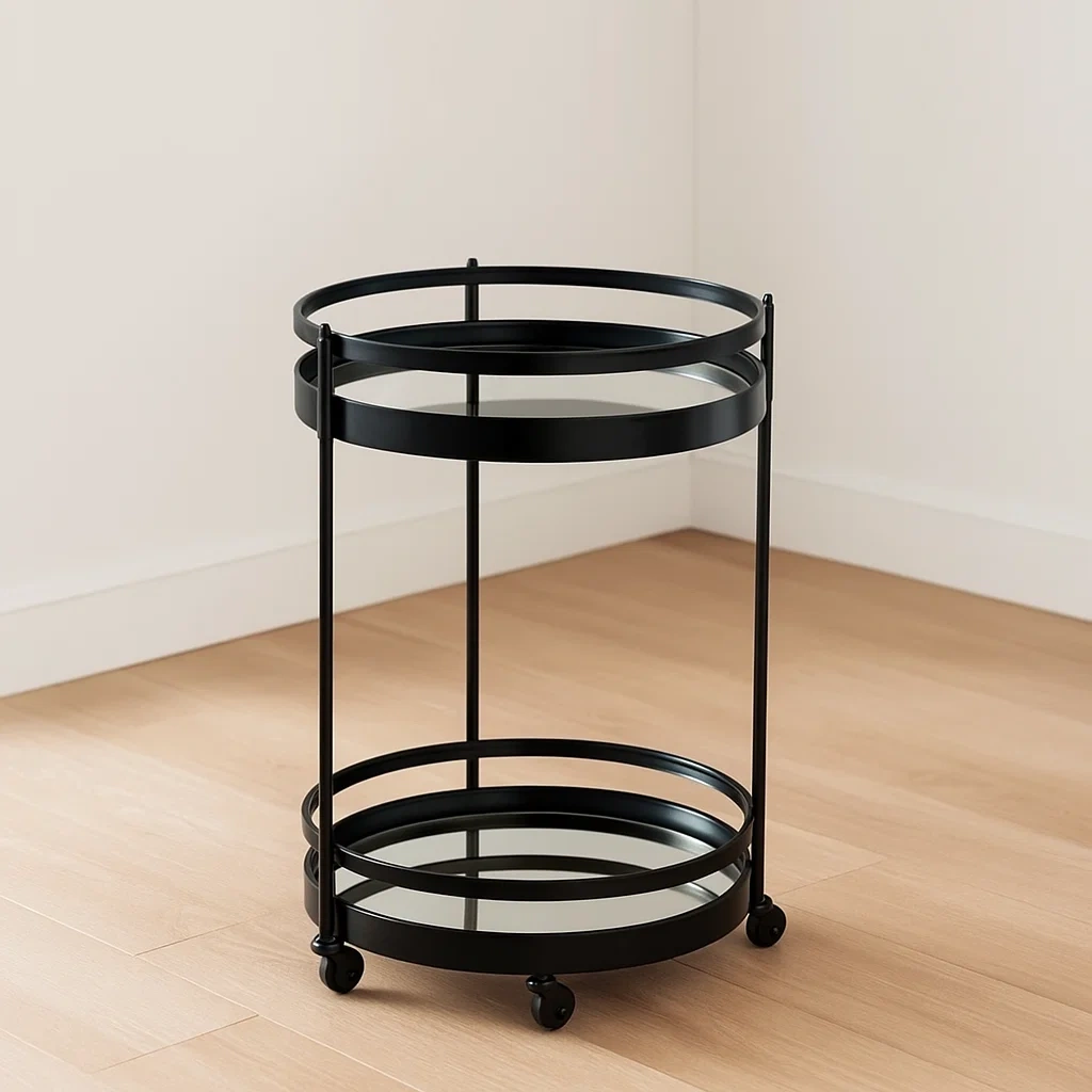 Chariot de bar, noir, métal et verre, adapté à un usage intérieur, diamètre 57 x hauteur 87 cm