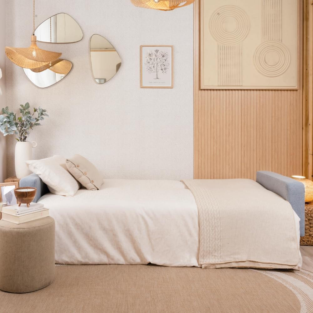 Don Descanso Reine 3-Sitzer-Schlafsofa, Stoffbezug, Click-Clack-Öffnungssystem, Sofa-Maße: 201 x 73 x 79 cm, Bett-Maße: 201 x 99 x 42 cm, inklusive 2 Kissen, Hellgrau