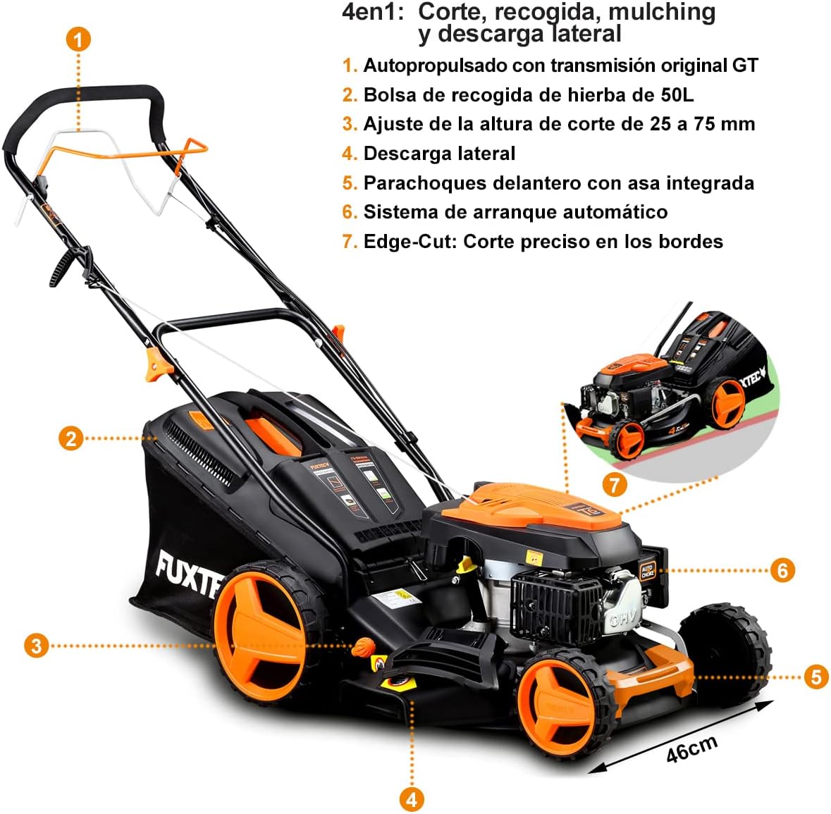 Tondeuse à gazon à essence FUXTEC FX-RM4646ECO, largeur de coupe de 46 cm, puissant moteur à essence de 146 cm³, nettoyage facile, 3 en 1, 2,6 kW, bac de ramassage mulching de 50 l.