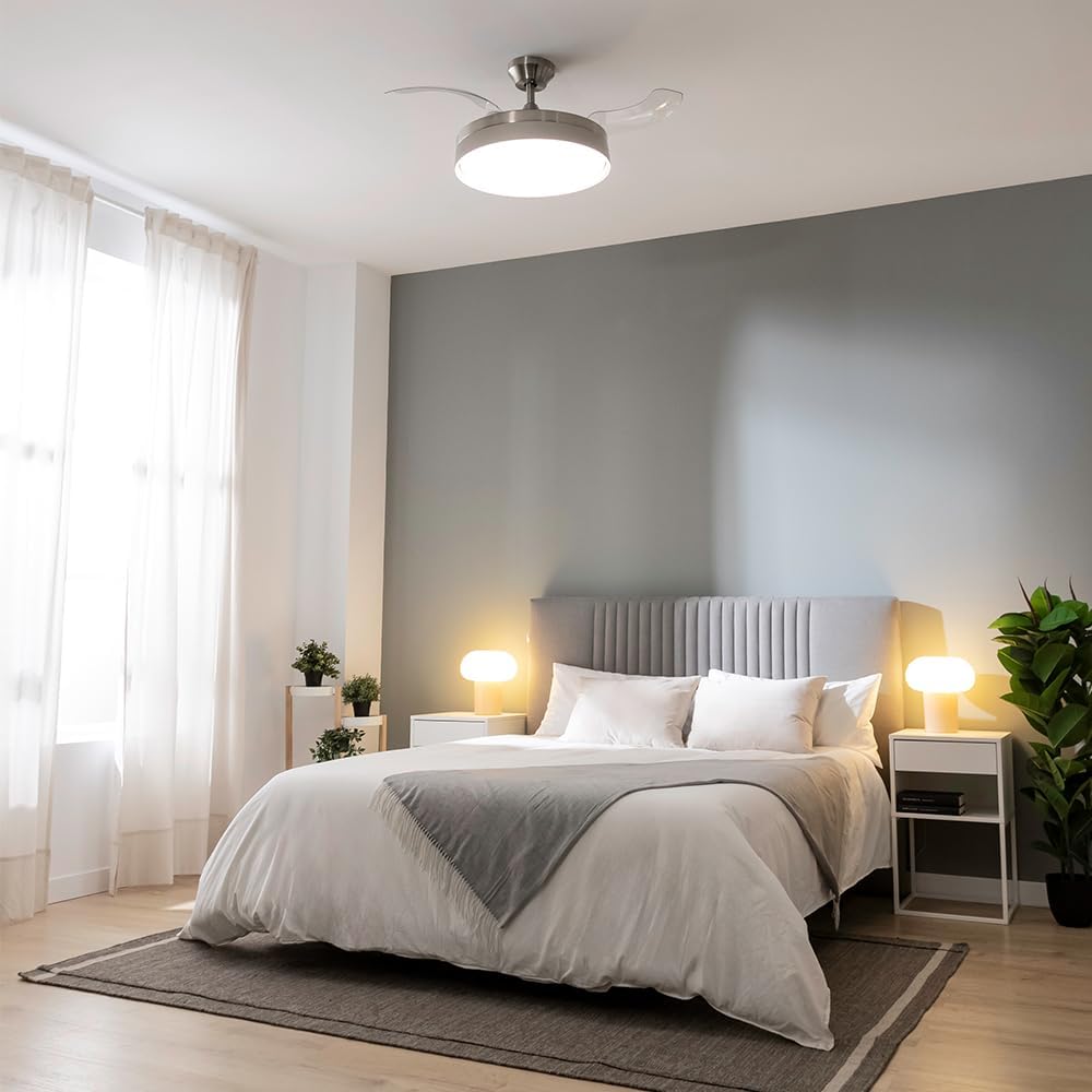 Ventilateur de plafond Cecotec à pales rétractables et lampe invisible EnergySilence Aero 4280 en acier, 40 W, diamètre 42 pouces (106 cm), minuterie, 3 tons lumineux, fonction été-hiver
